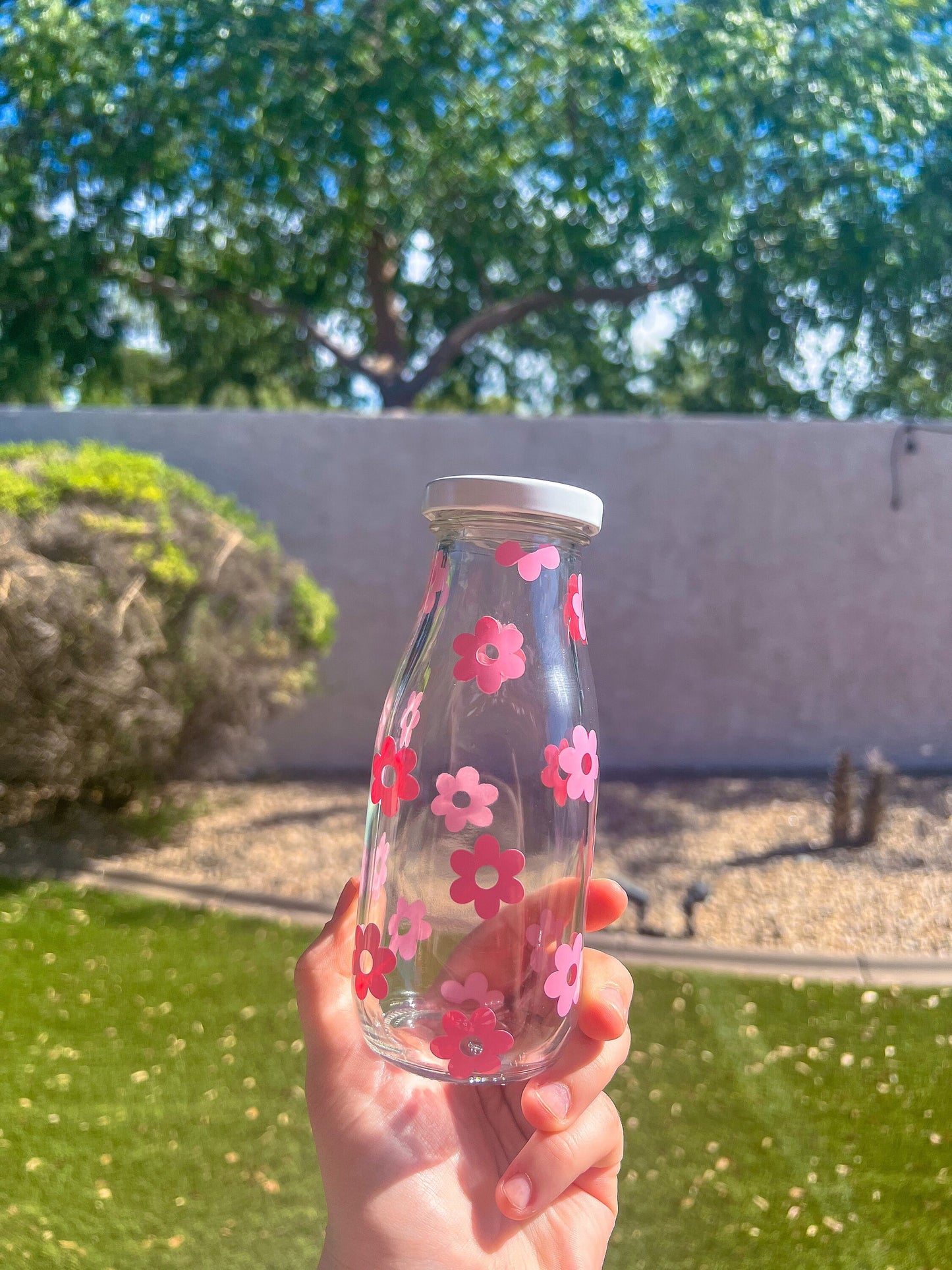 Pink Flowers Decorated Glass Milk Bottle with Lid - ShopCassiesCrafts