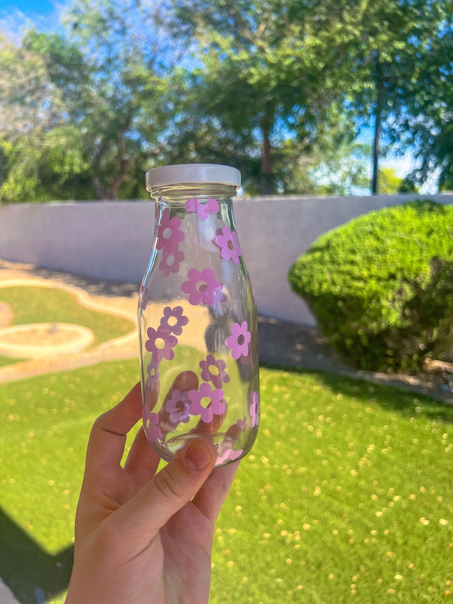 Purple Flowers Decorated Glass Milk Bottle with Lid - ShopCassiesCrafts