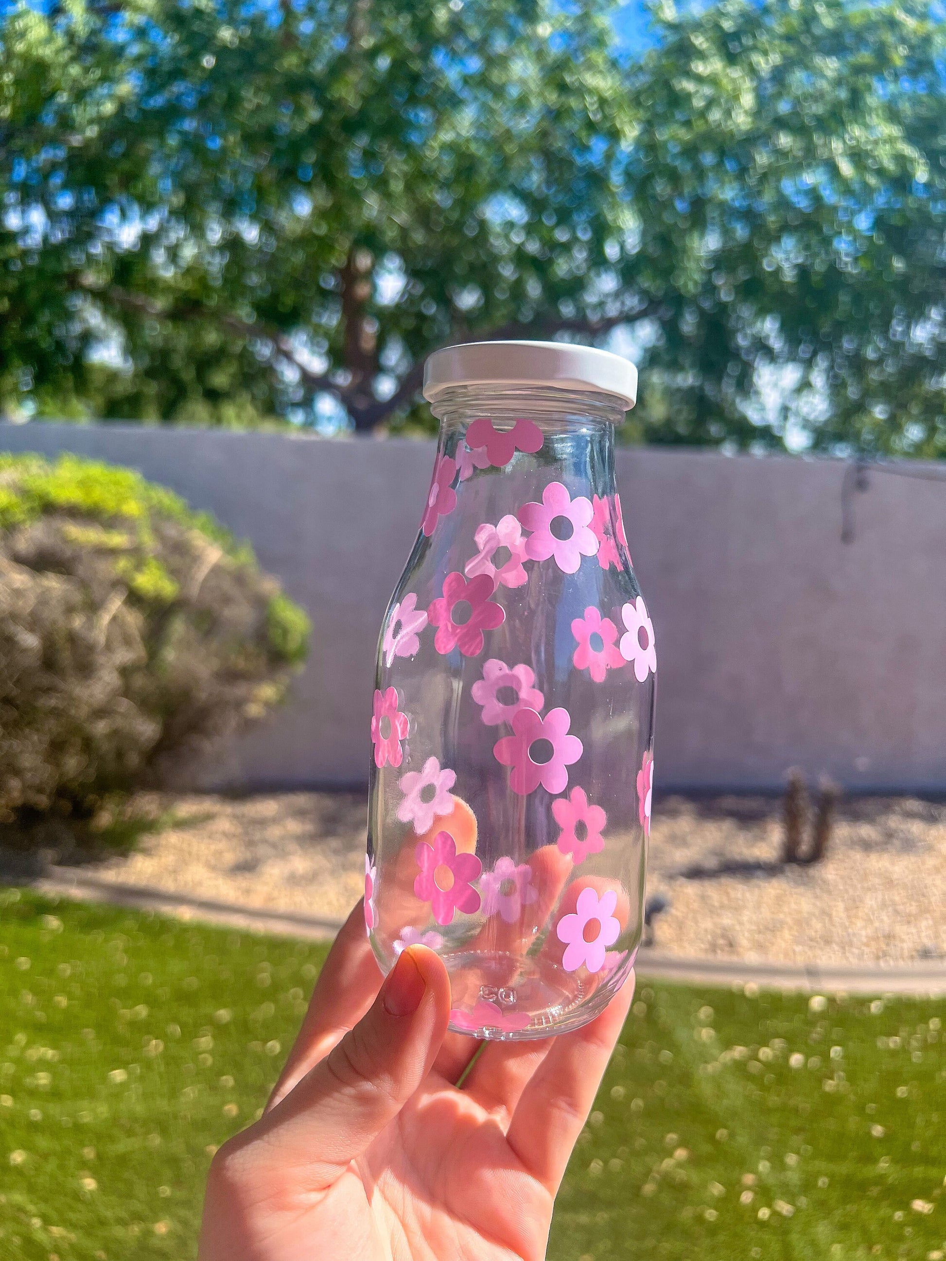 Purple Flowers Decorated Glass Milk Bottle with Lid - ShopCassiesCrafts