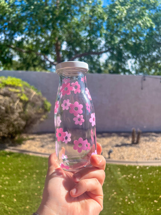 Purple Flowers Decorated Glass Milk Bottle with Lid - ShopCassiesCrafts