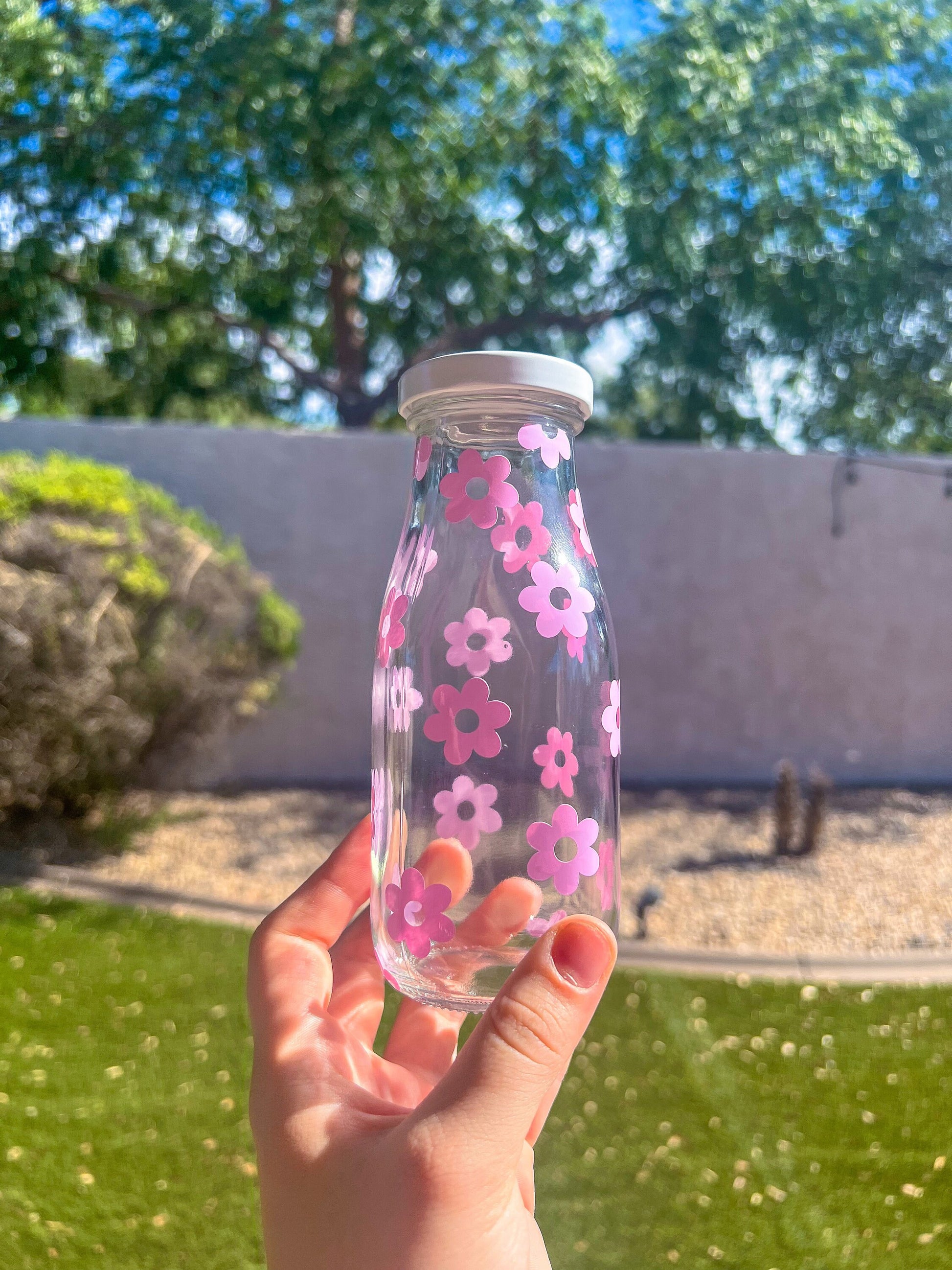 Purple Flowers Decorated Glass Milk Bottle with Lid - ShopCassiesCrafts