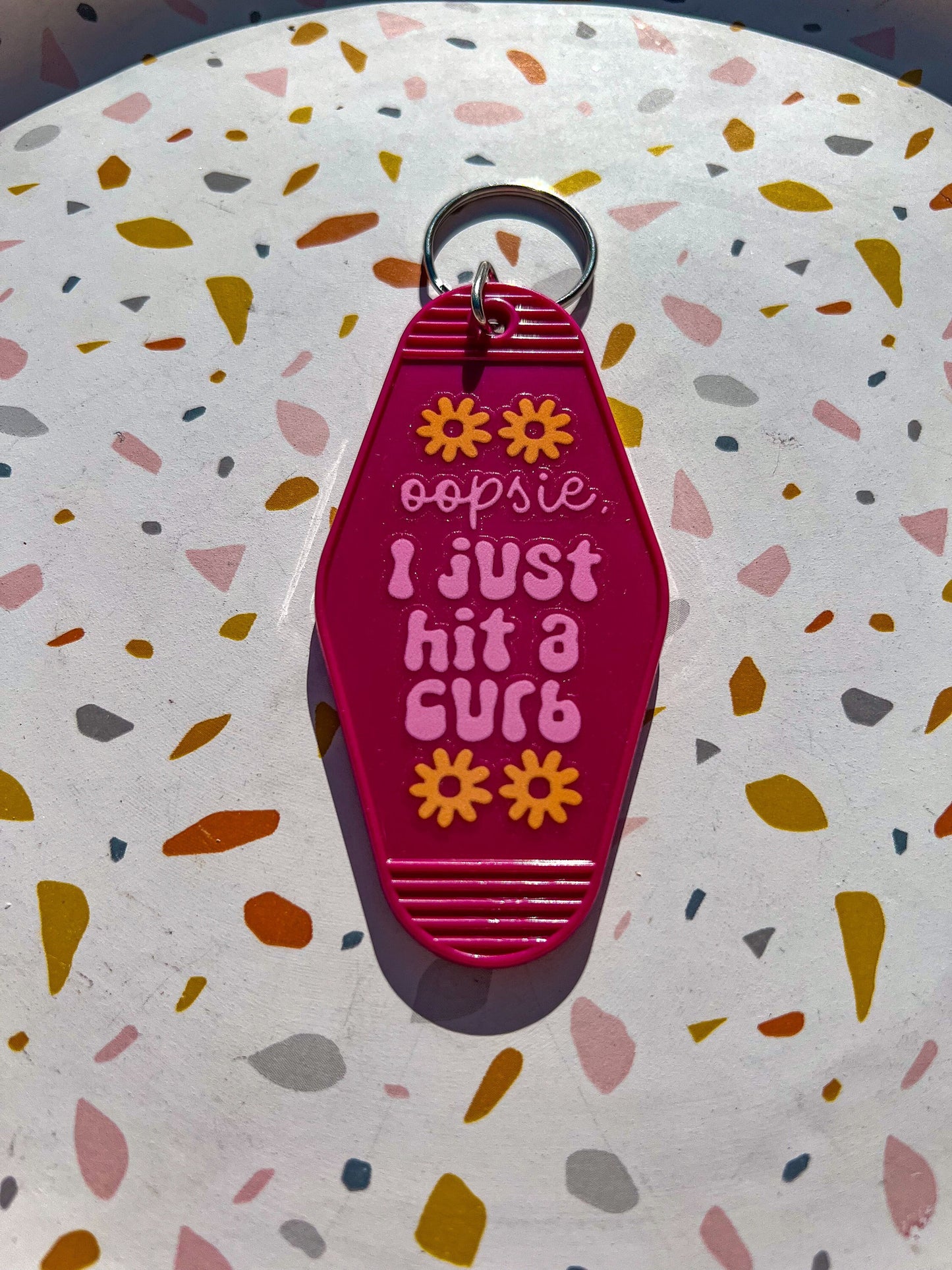 Dark Maroon Pink "Oopsie I Just Hit A Curb" Motel Keychain - ShopCassiesCrafts