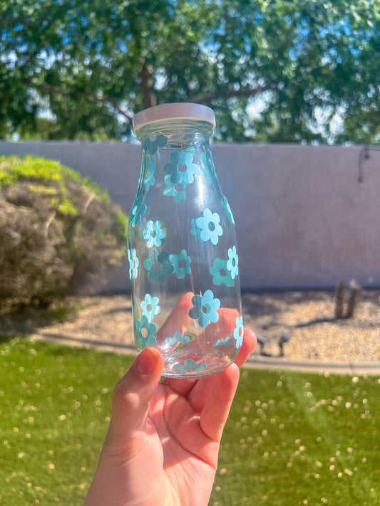 Blue Flowers Decorated Glass Milk Bottle with Lid