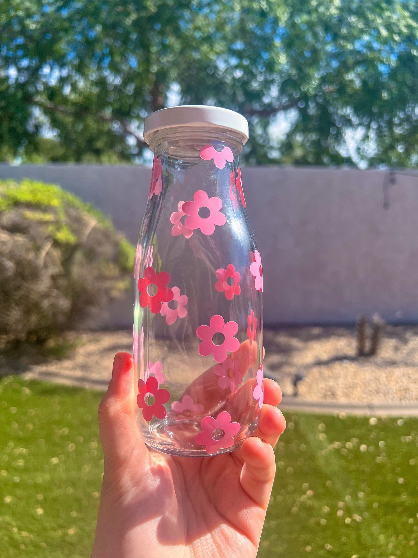 Pink Flowers Decorated Glass Milk Bottle with Lid - ShopCassiesCrafts