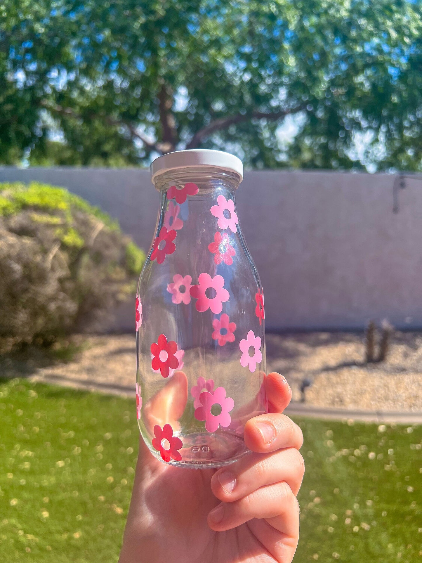 Pink Flowers Decorated Glass Milk Bottle with Lid - ShopCassiesCrafts