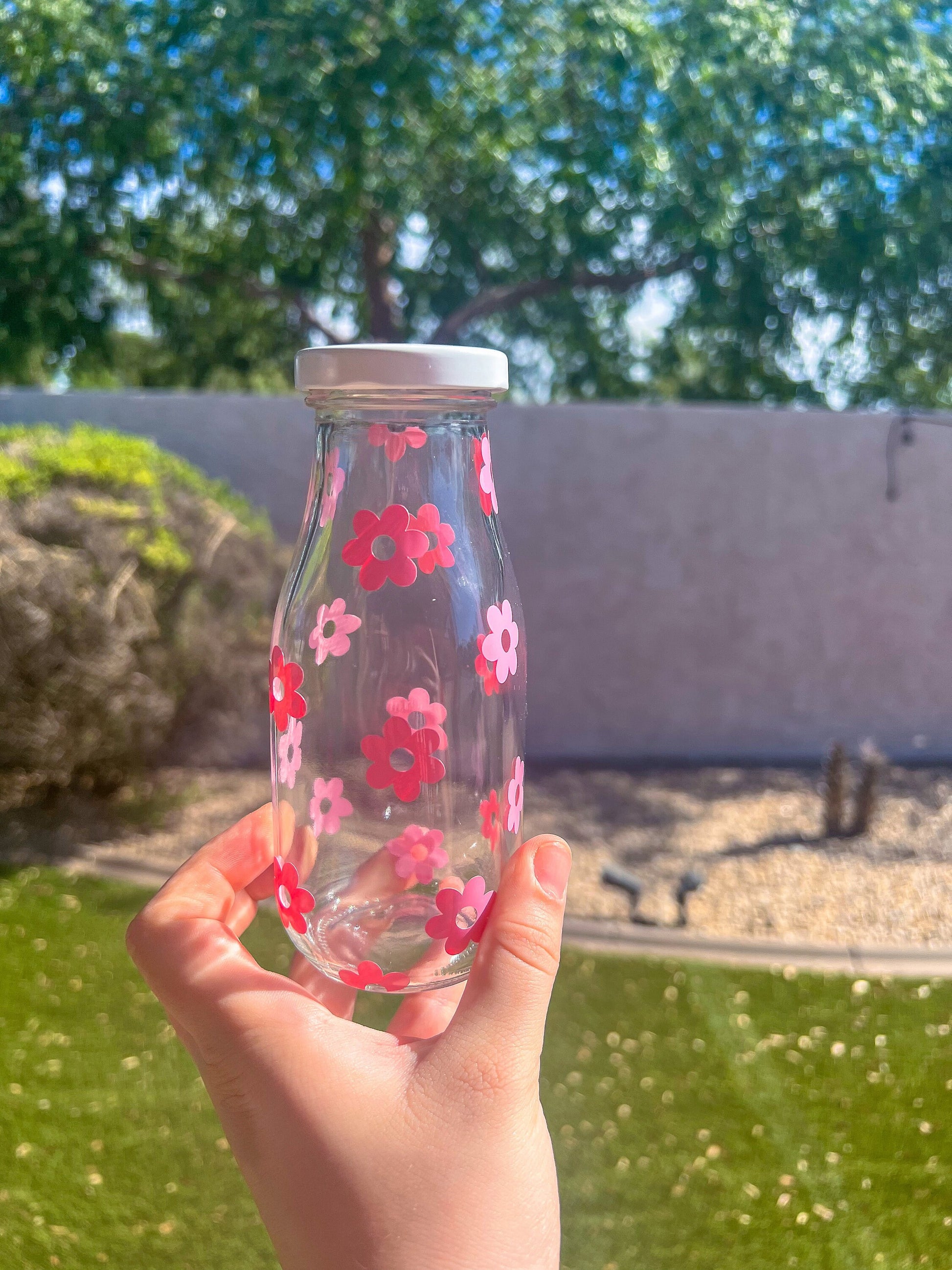 Pink Flowers Decorated Glass Milk Bottle with Lid - ShopCassiesCrafts