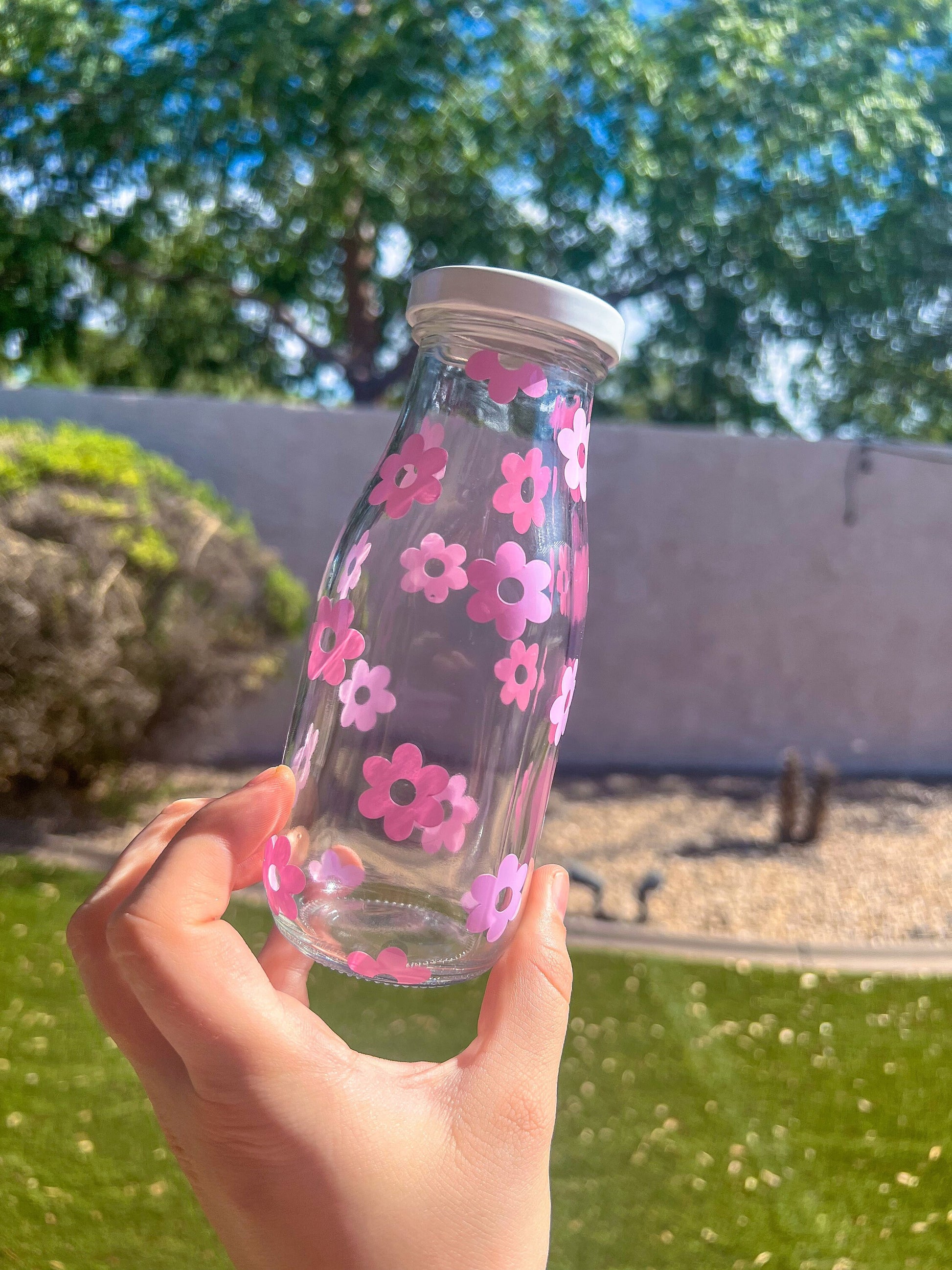 Purple Flowers Decorated Glass Milk Bottle with Lid - ShopCassiesCrafts