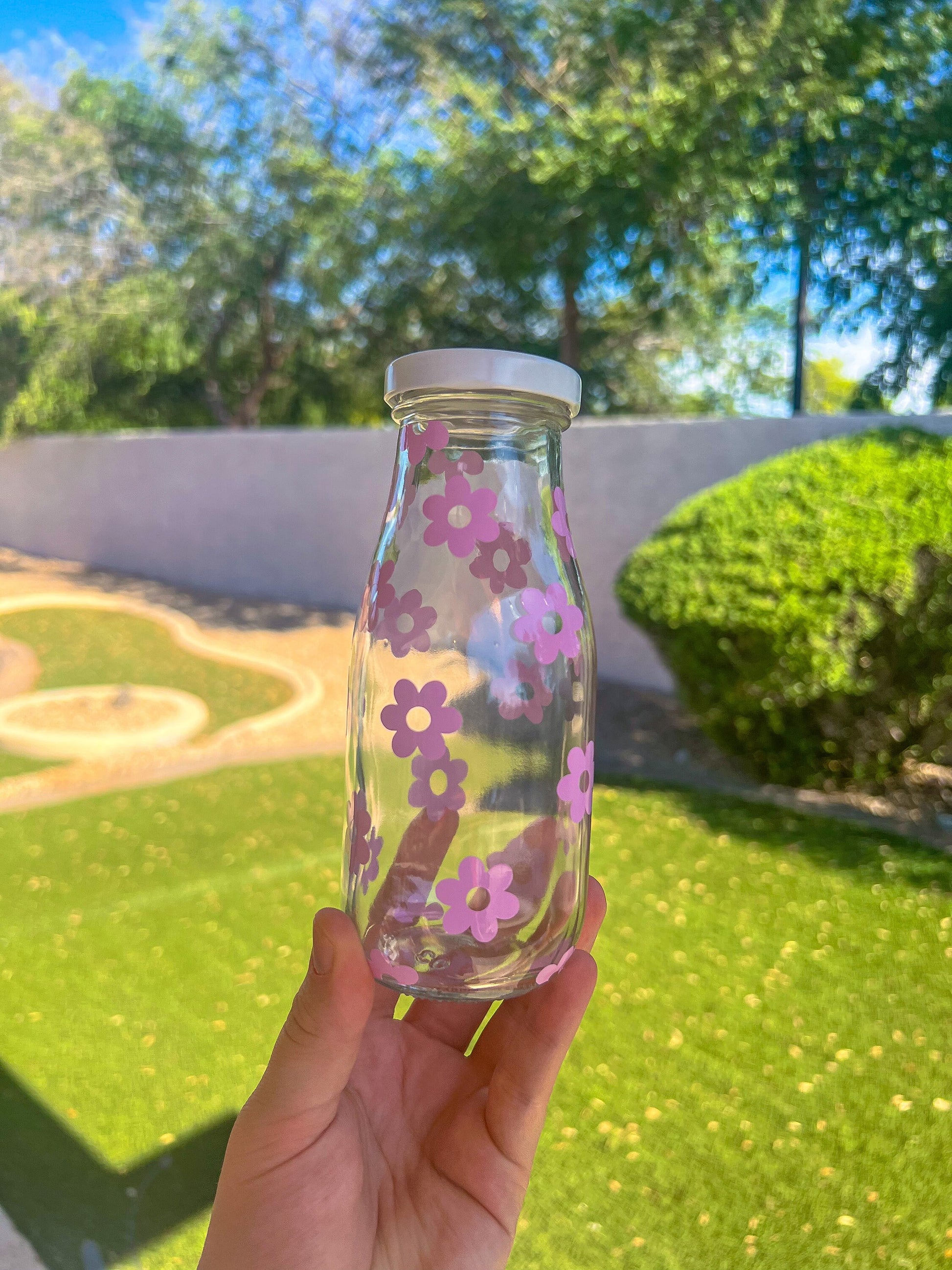 Purple Flowers Decorated Glass Milk Bottle with Lid - ShopCassiesCrafts