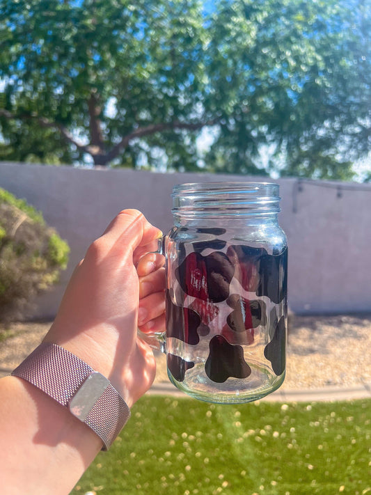 Black Cow Print Decorated Glass Mason Jar w/Handle