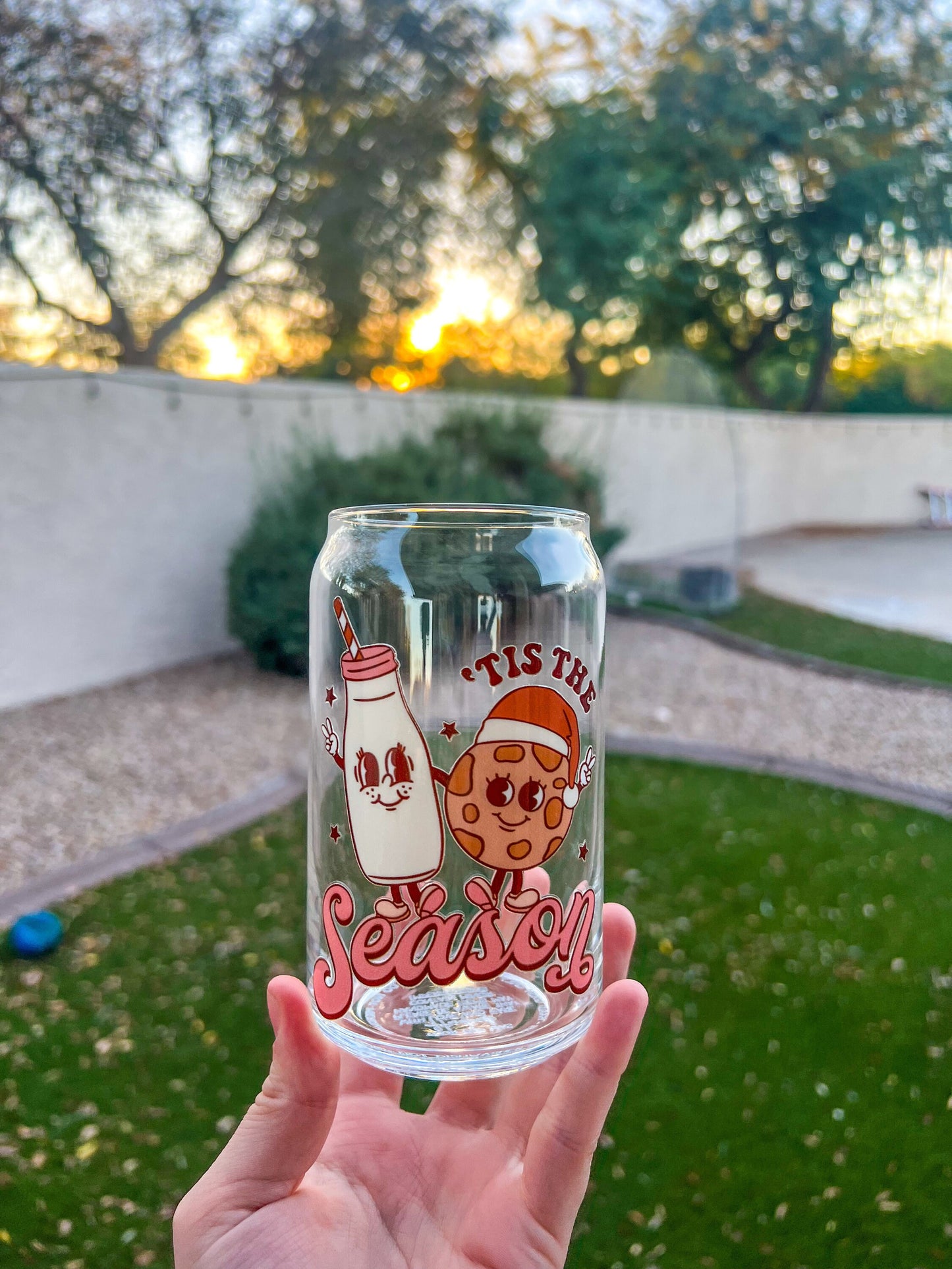 Tis The Season Milk & Cookies Decorated 16 oz Glass Cup - ShopCassiesCrafts