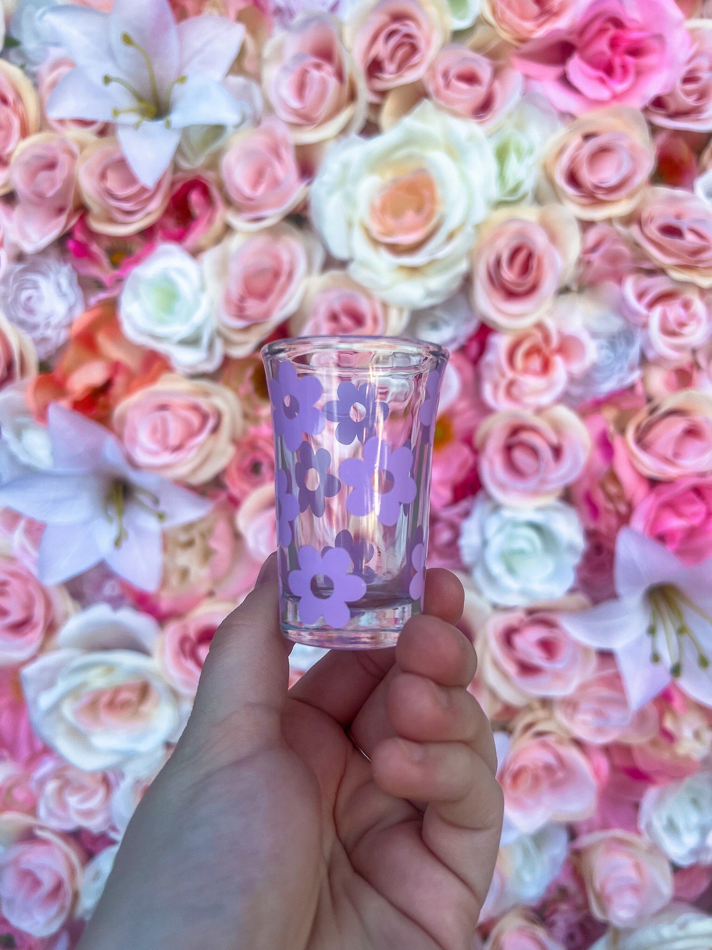 Purple Flowers Decorated Glass Shot Glass - ShopCassiesCrafts