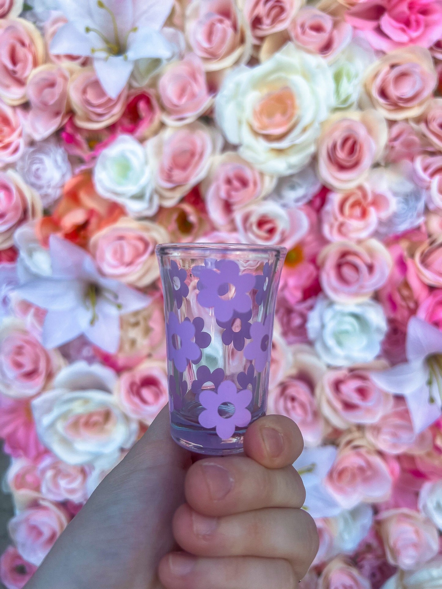 Purple Flowers Decorated Glass Shot Glass - ShopCassiesCrafts