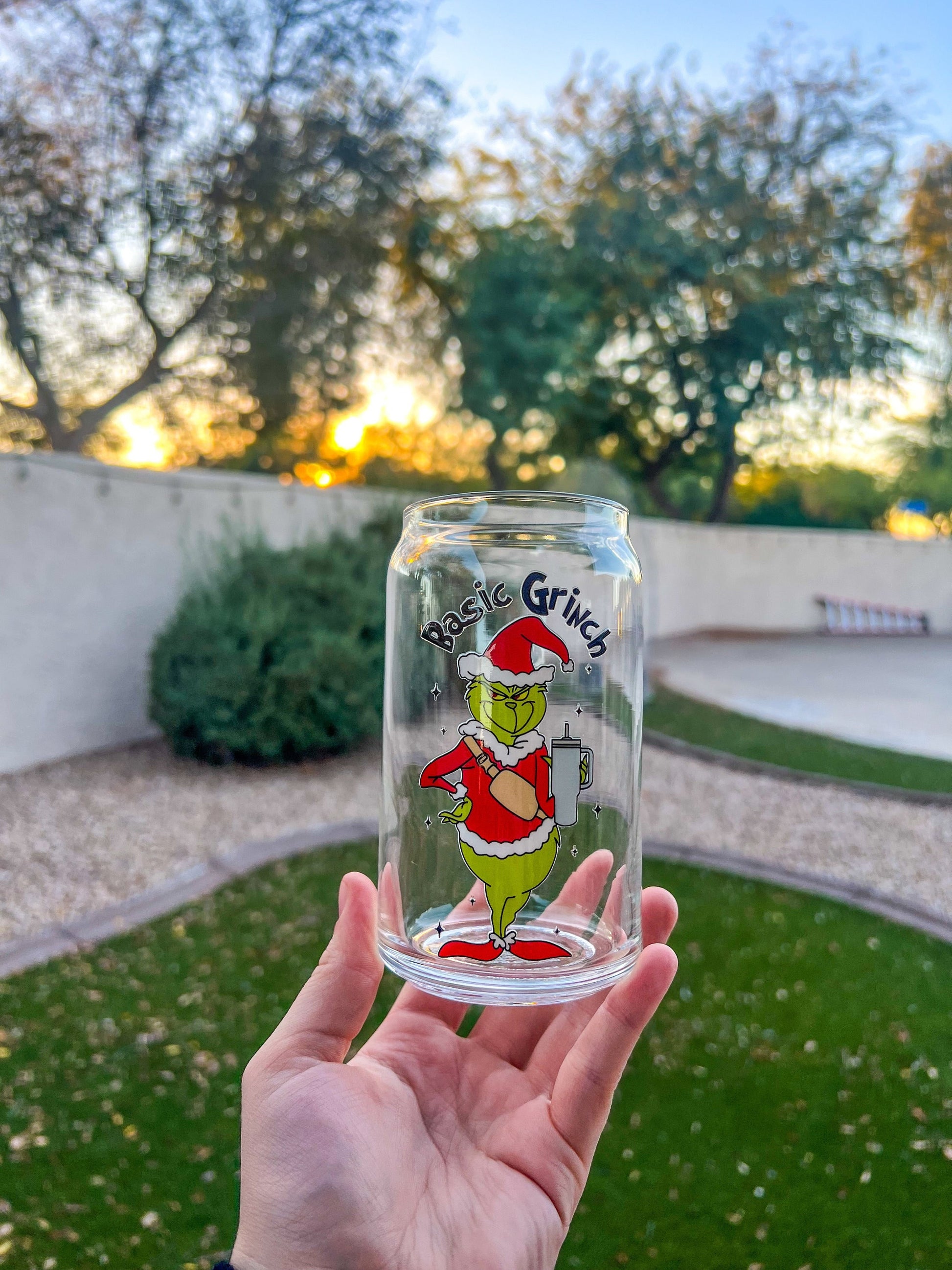 Basic Grinch Decorated 16 oz Glass Cup - ShopCassiesCrafts