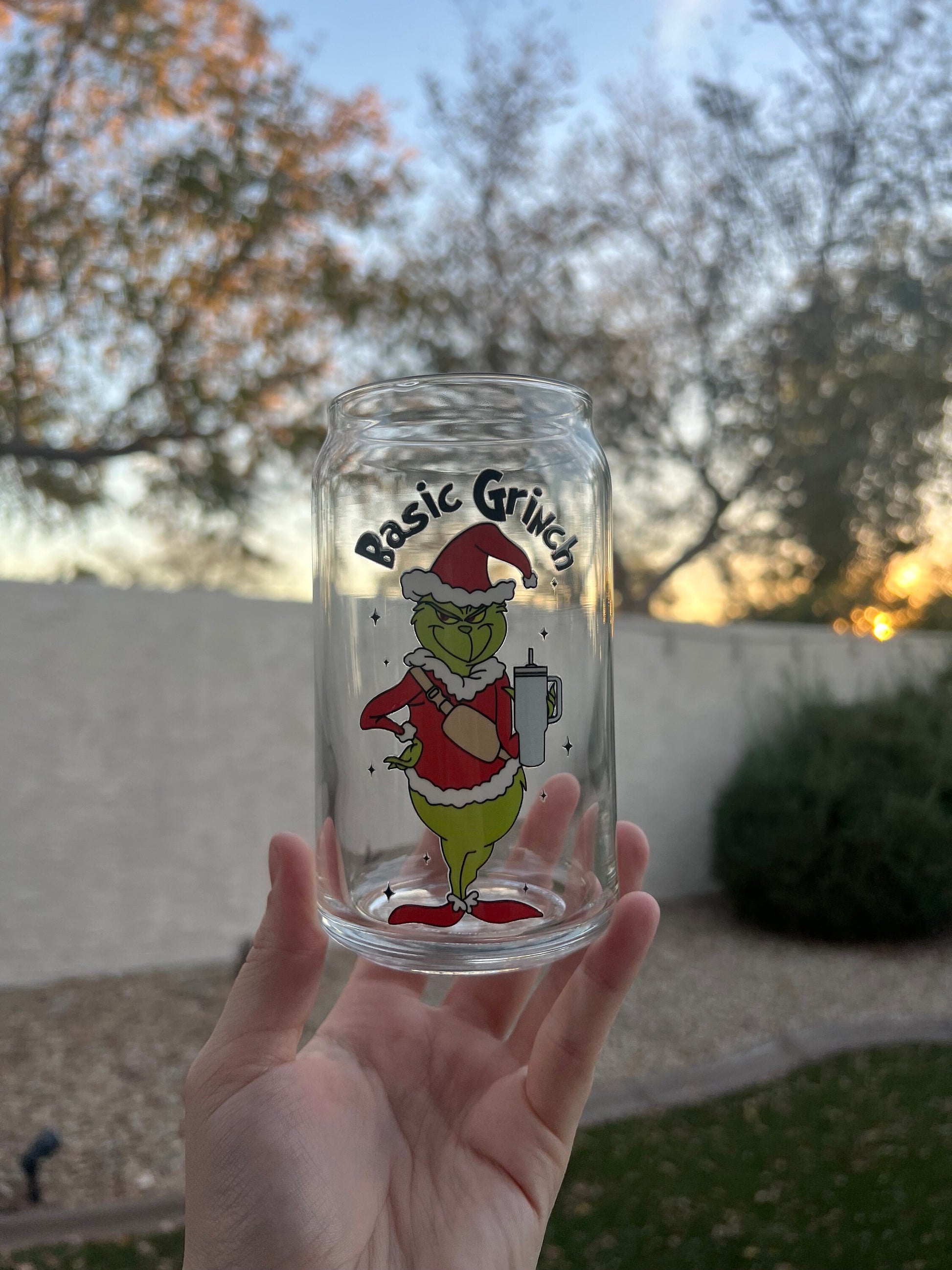 Basic Grinch Decorated 16 oz Glass Cup - ShopCassiesCrafts