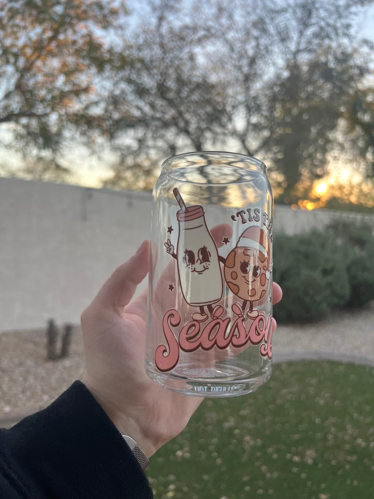 Tis The Season Milk & Cookies Decorated 16 oz Glass Cup - ShopCassiesCrafts