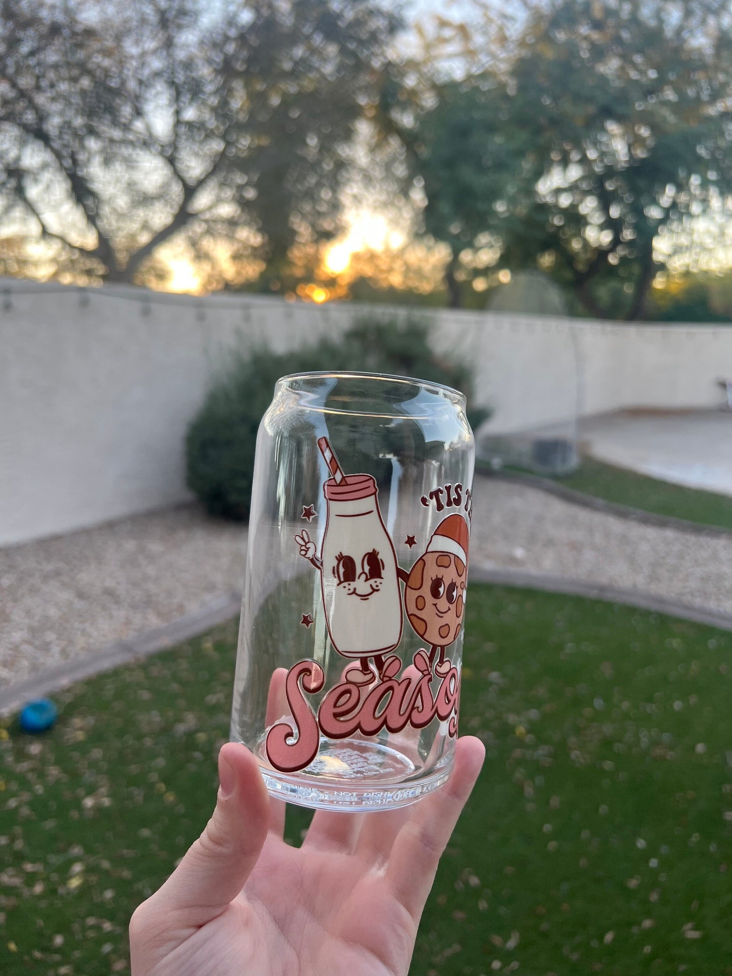 Tis The Season Milk & Cookies Decorated 16 oz Glass Cup - ShopCassiesCrafts