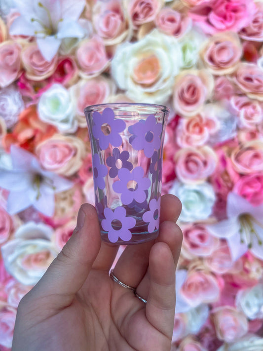 Purple Flowers Decorated Glass Shot Glass - ShopCassiesCrafts