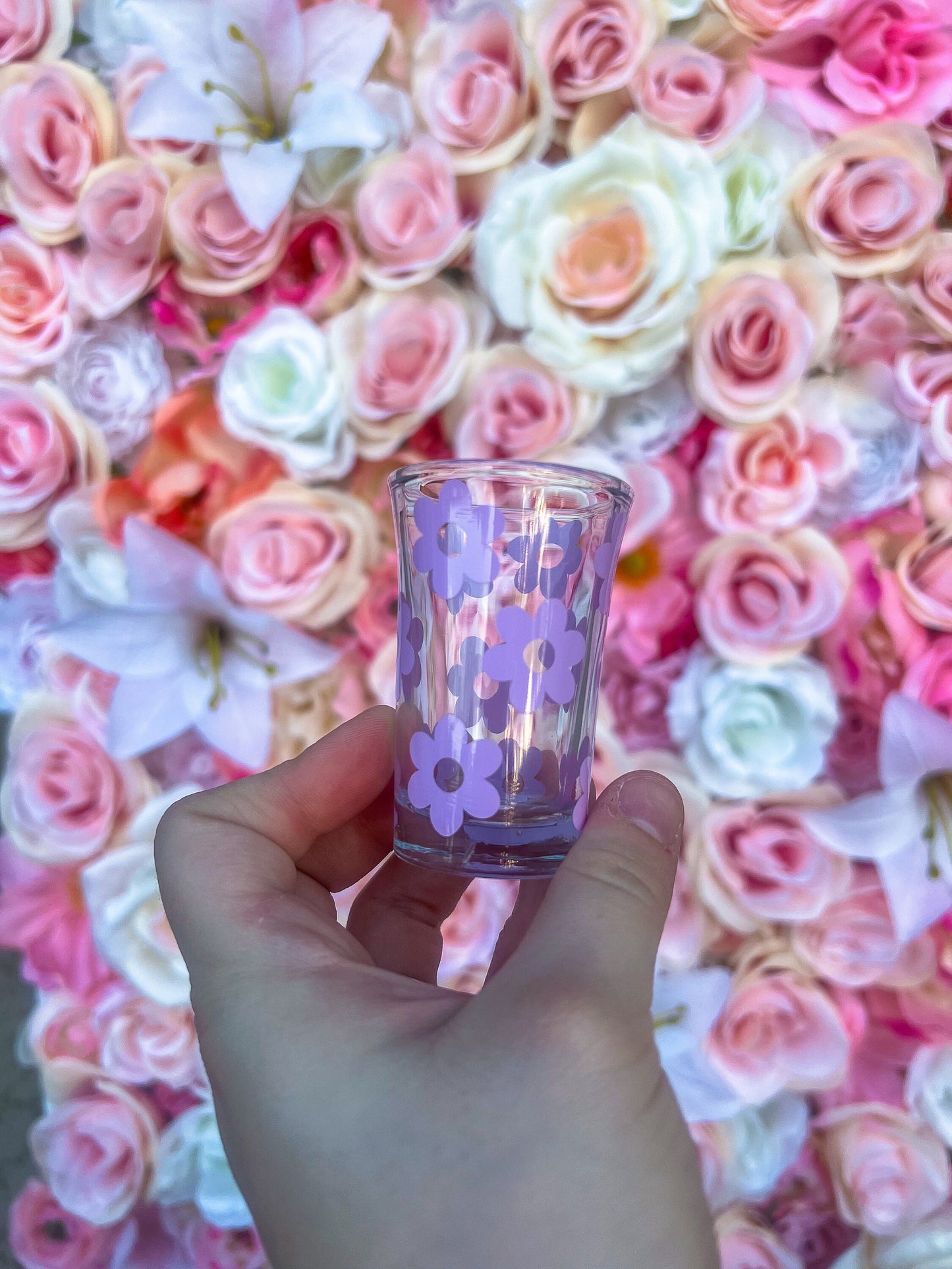 Purple Flowers Decorated Glass Shot Glass - ShopCassiesCrafts