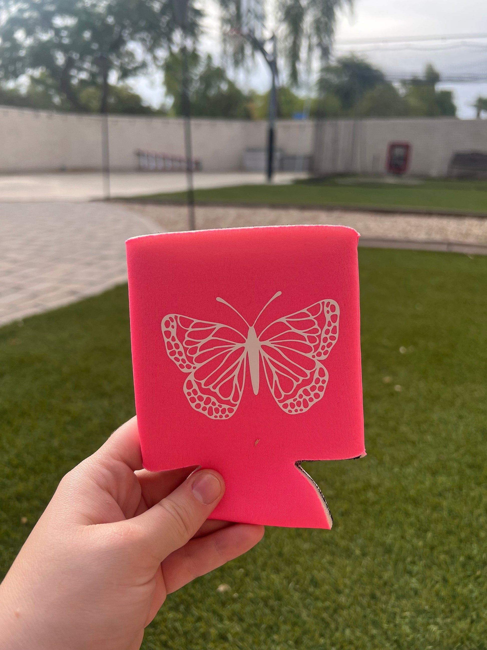 Pink Butterfly Can Cooler - ShopCassiesCrafts