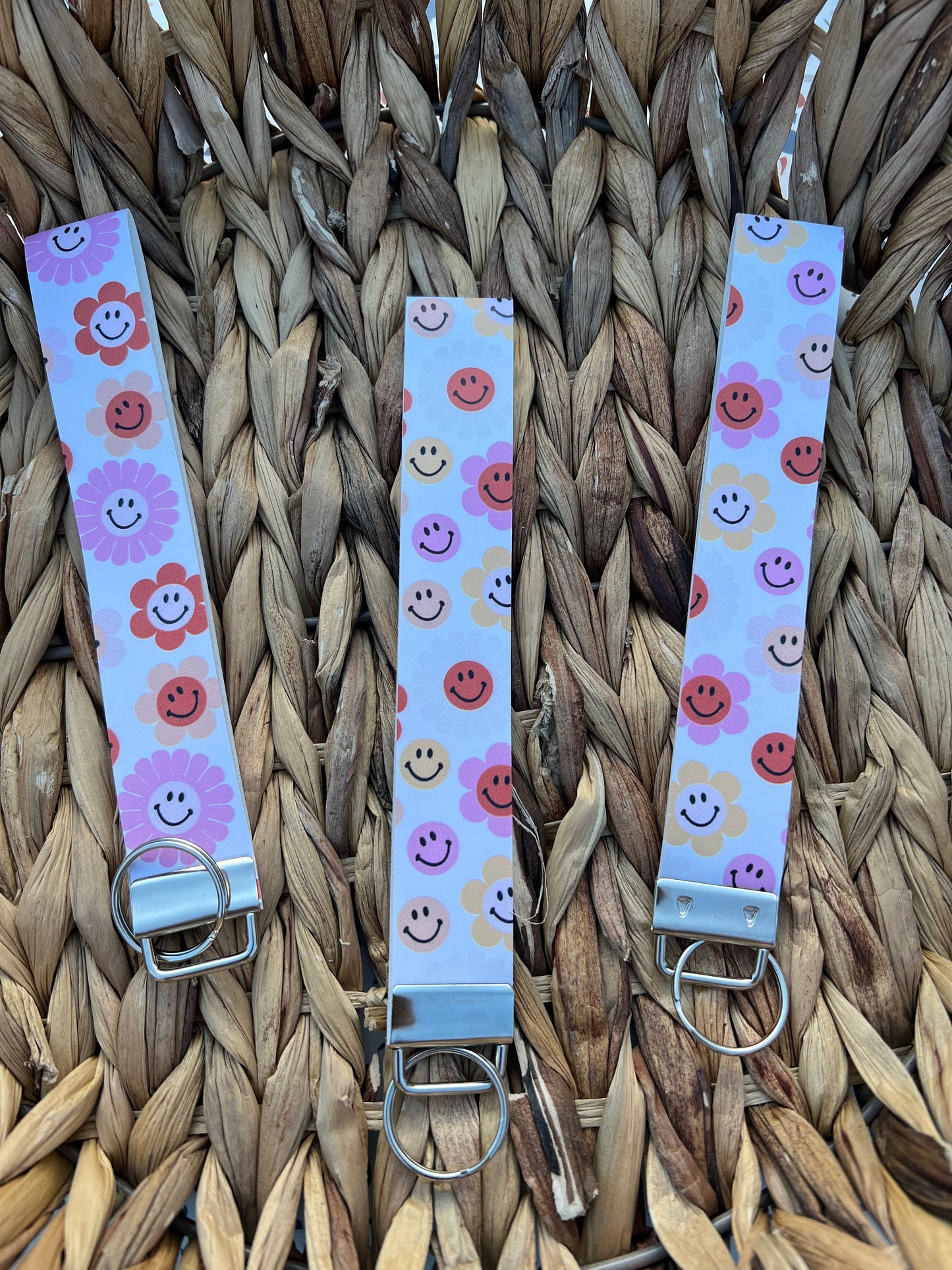 Flower Smiley Face Wristlet Keychain Fobs