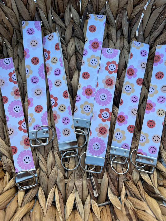 Flower Smiley Face Wristlet Keychain Fobs