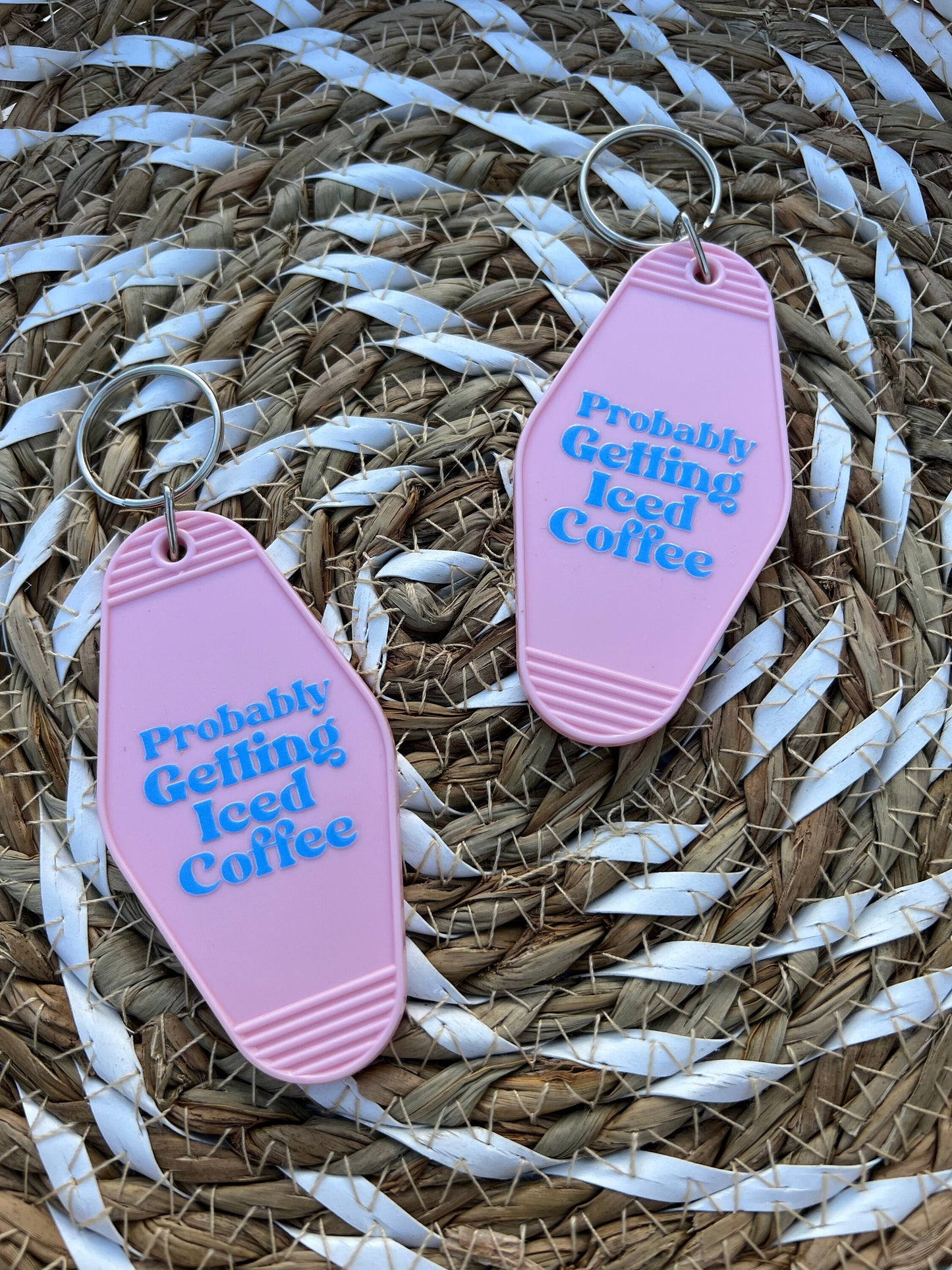 Pink "Probably Getting Iced Coffee" Motel Keychain - ShopCassiesCrafts