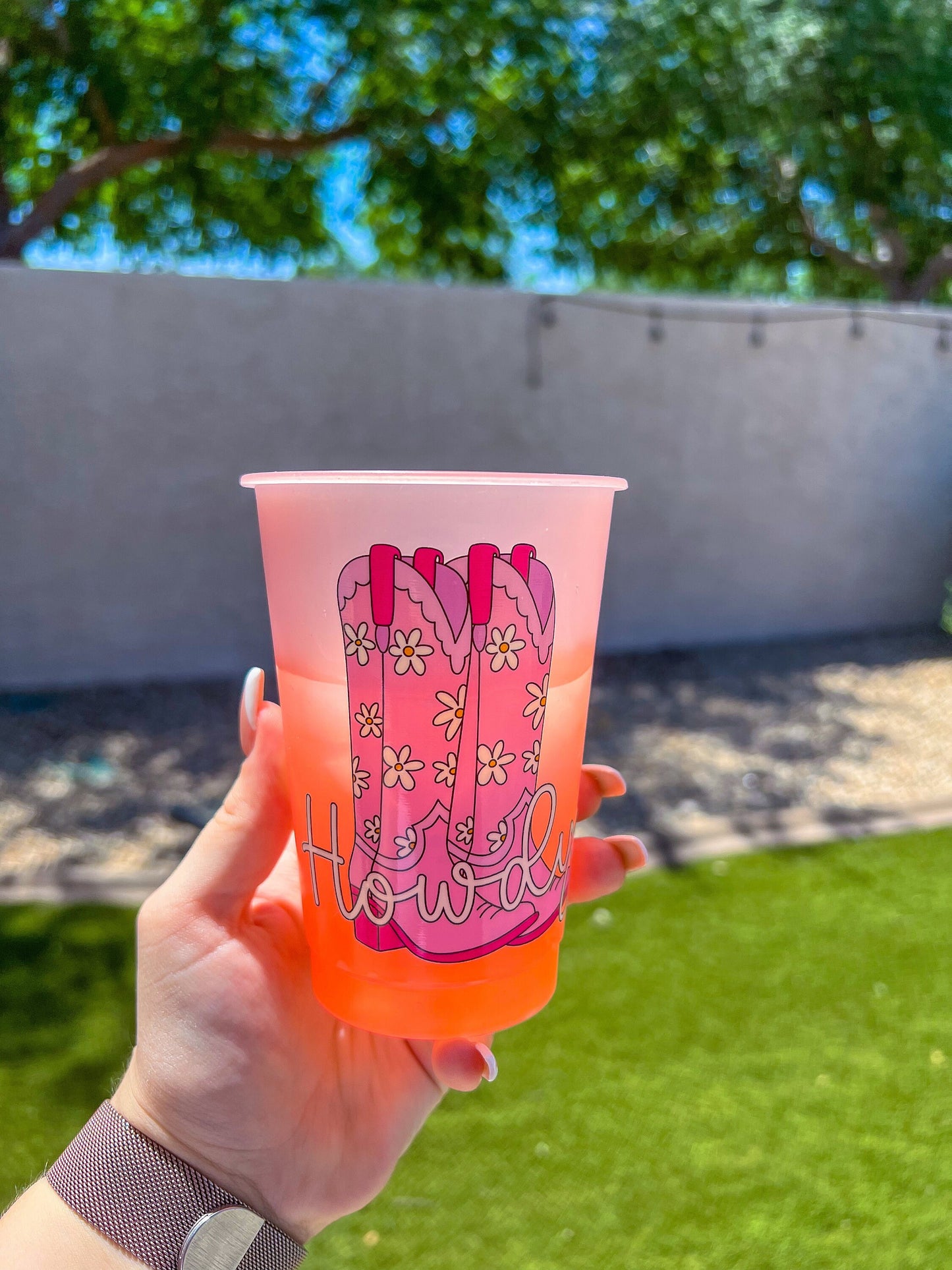 Howdy Pink Cowgirl Boots Decorated Color Changing Cold Cup