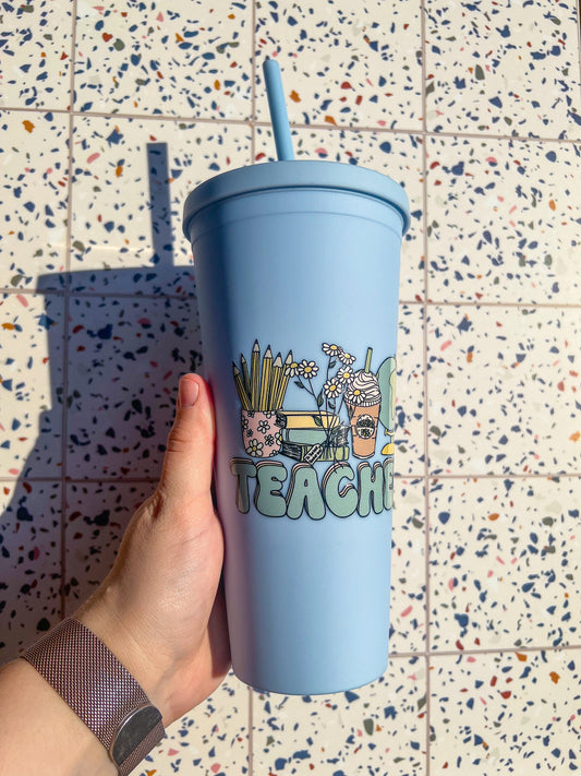 Teacher Decorated 22 oz Blue Double Insulated Cup