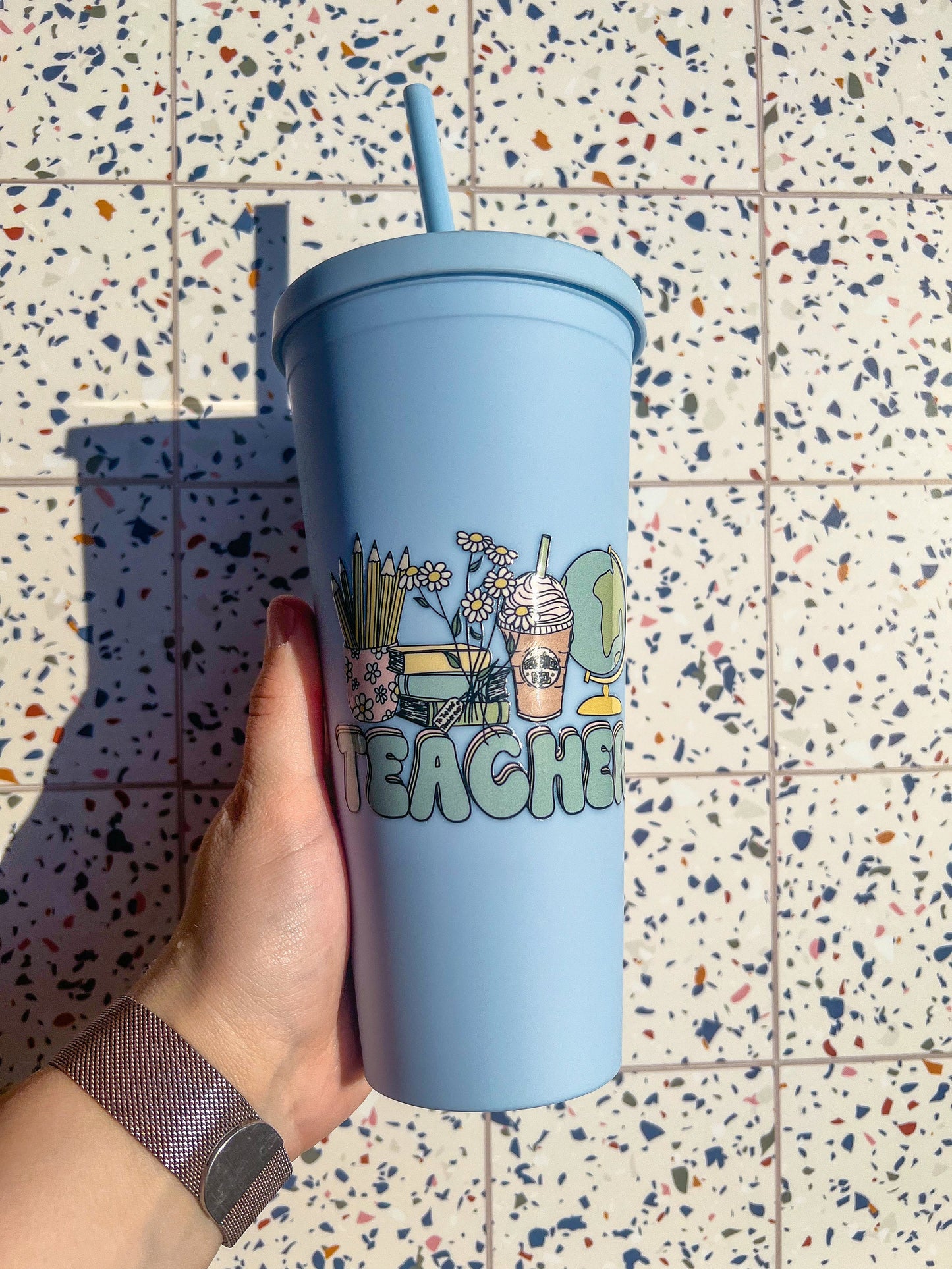 Teacher Decorated 22 oz Blue Double Insulated Cup