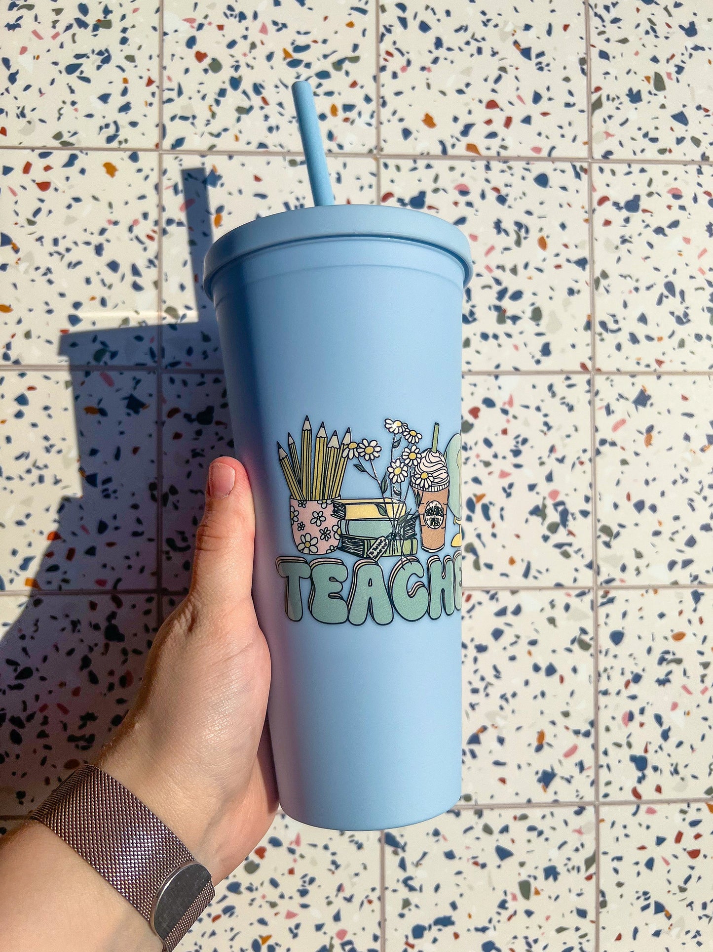 Teacher Decorated 22 oz Blue Double Insulated Cup