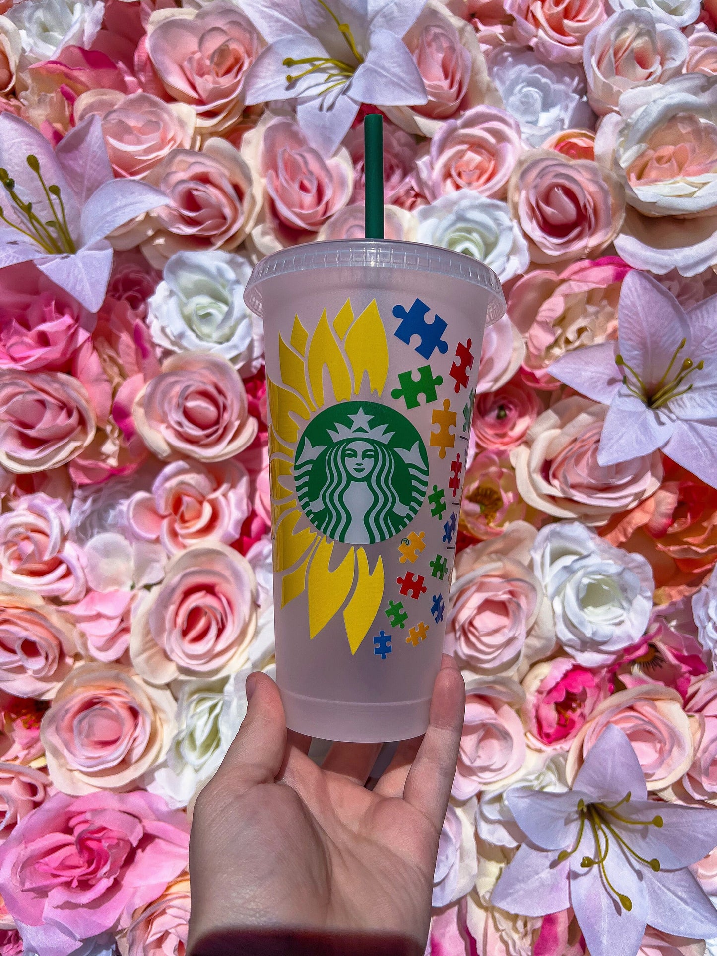 Sunflower Puzzle Pieces Decorated Cold Cup