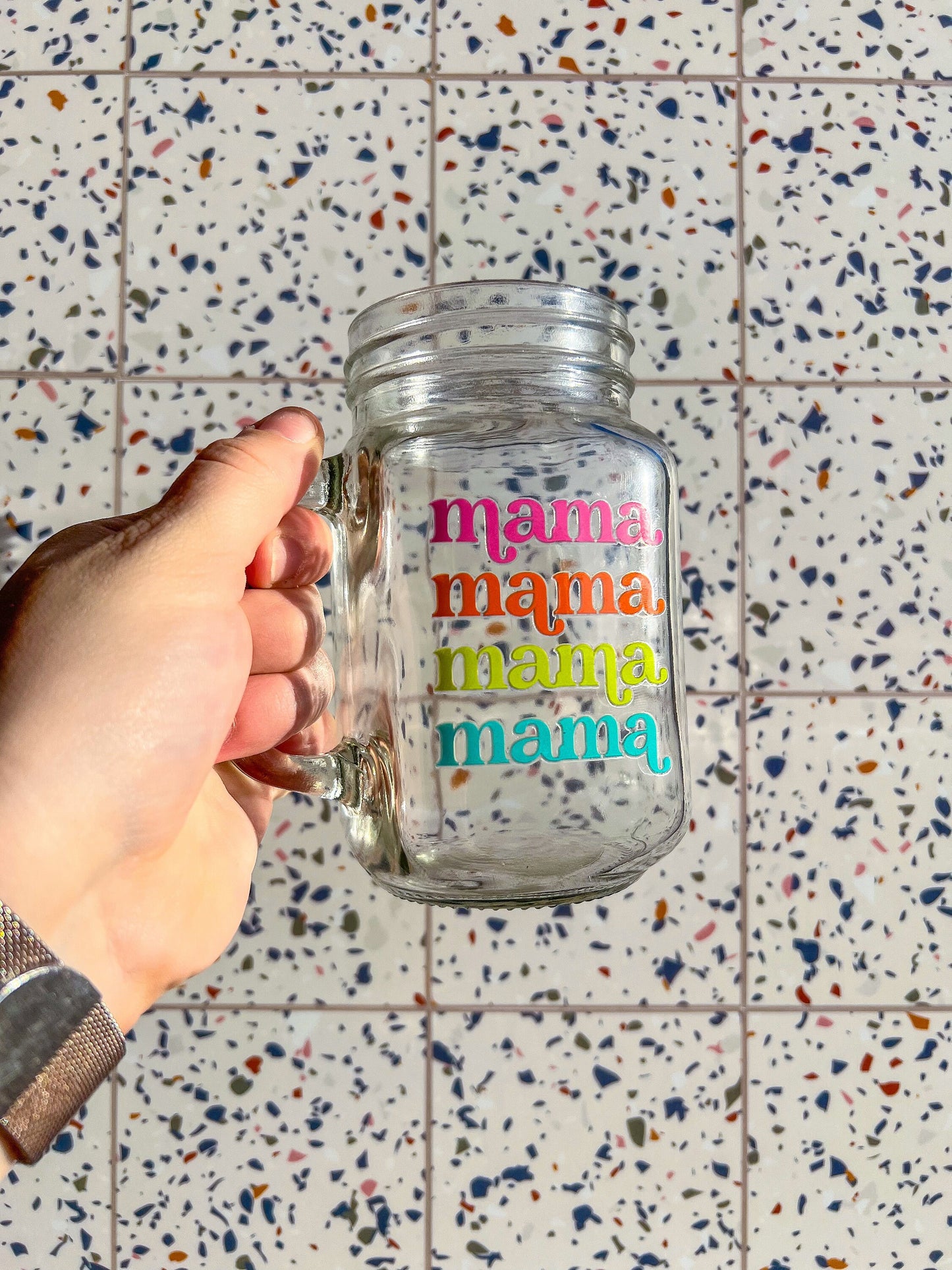 Mama Decorated Glass Mason Jar w|Handle