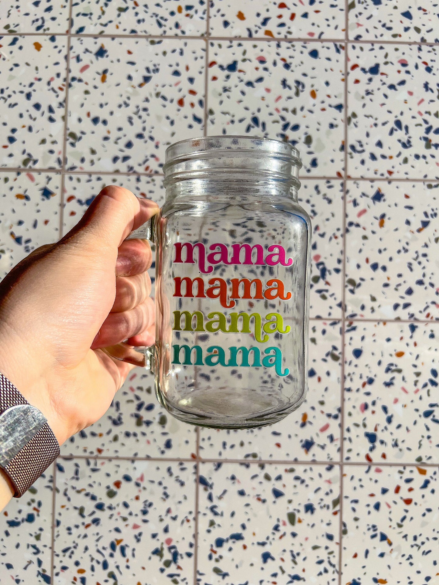 Mama Decorated Glass Mason Jar w|Handle