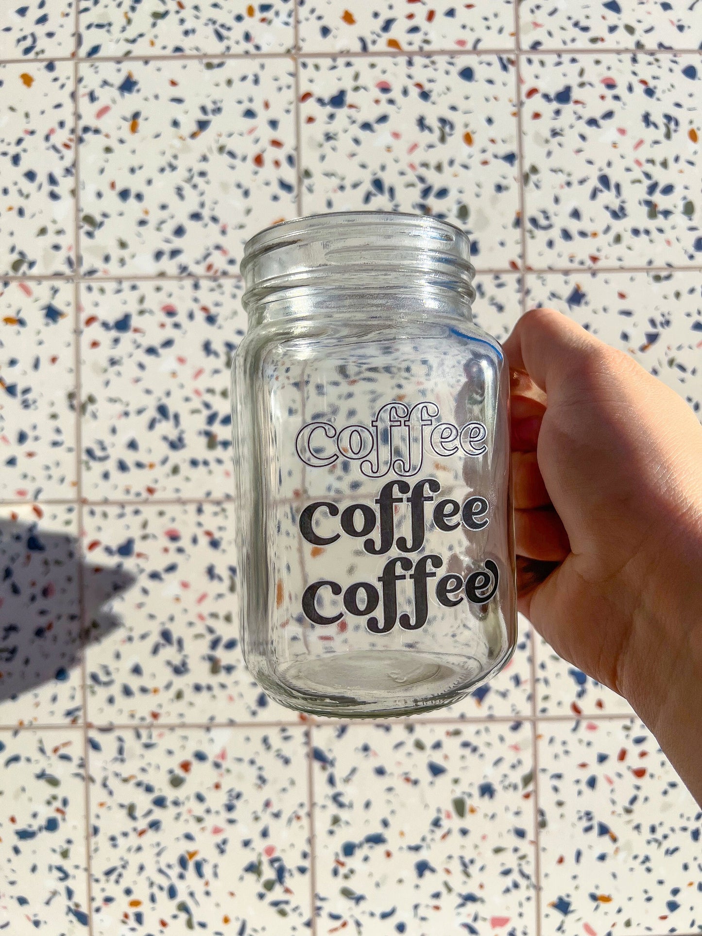 Coffee Coffee Coffee Decorated Glass Mason Jar w|Handle