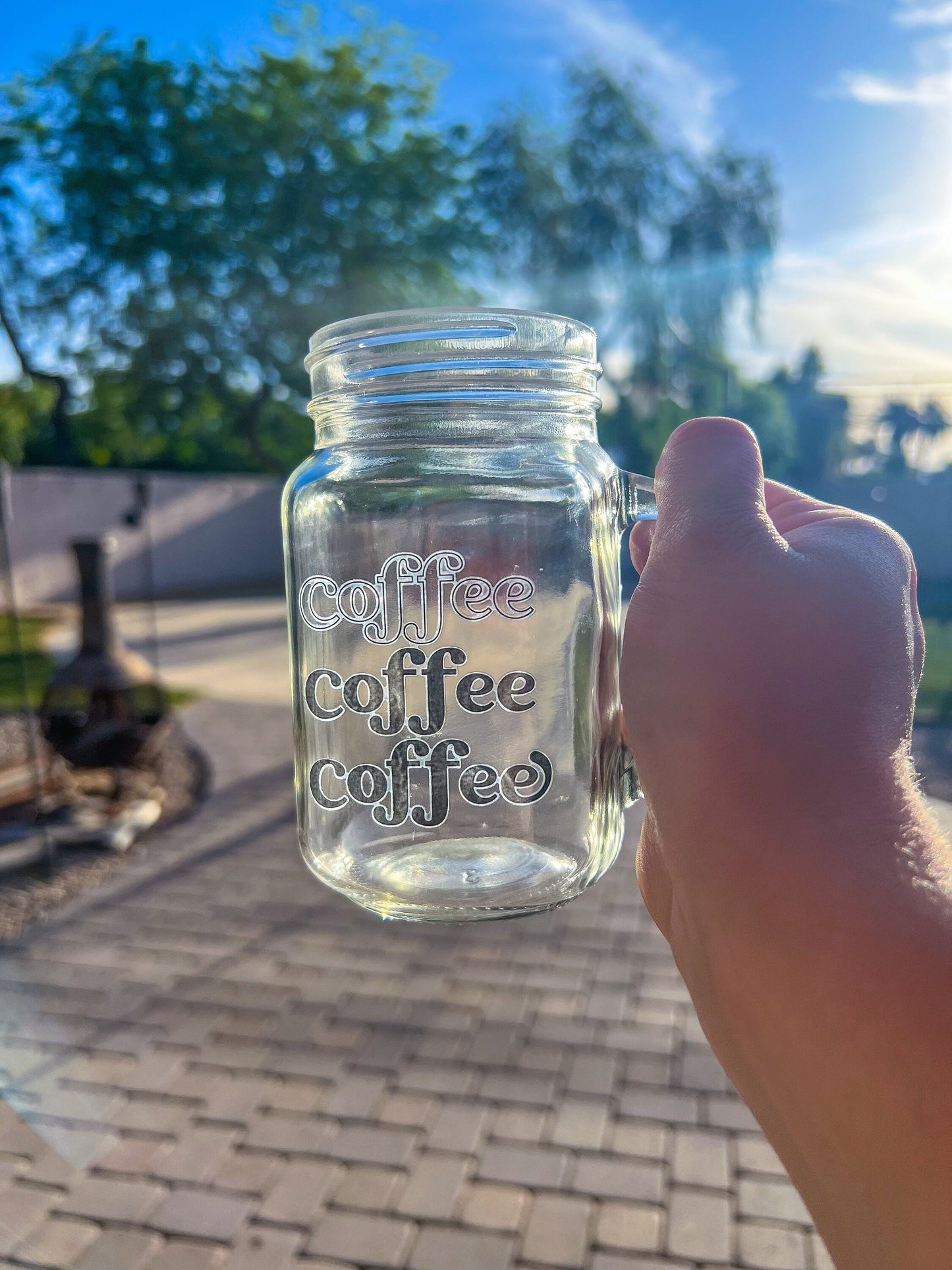 Coffee Coffee Coffee Decorated Glass Mason Jar w|Handle