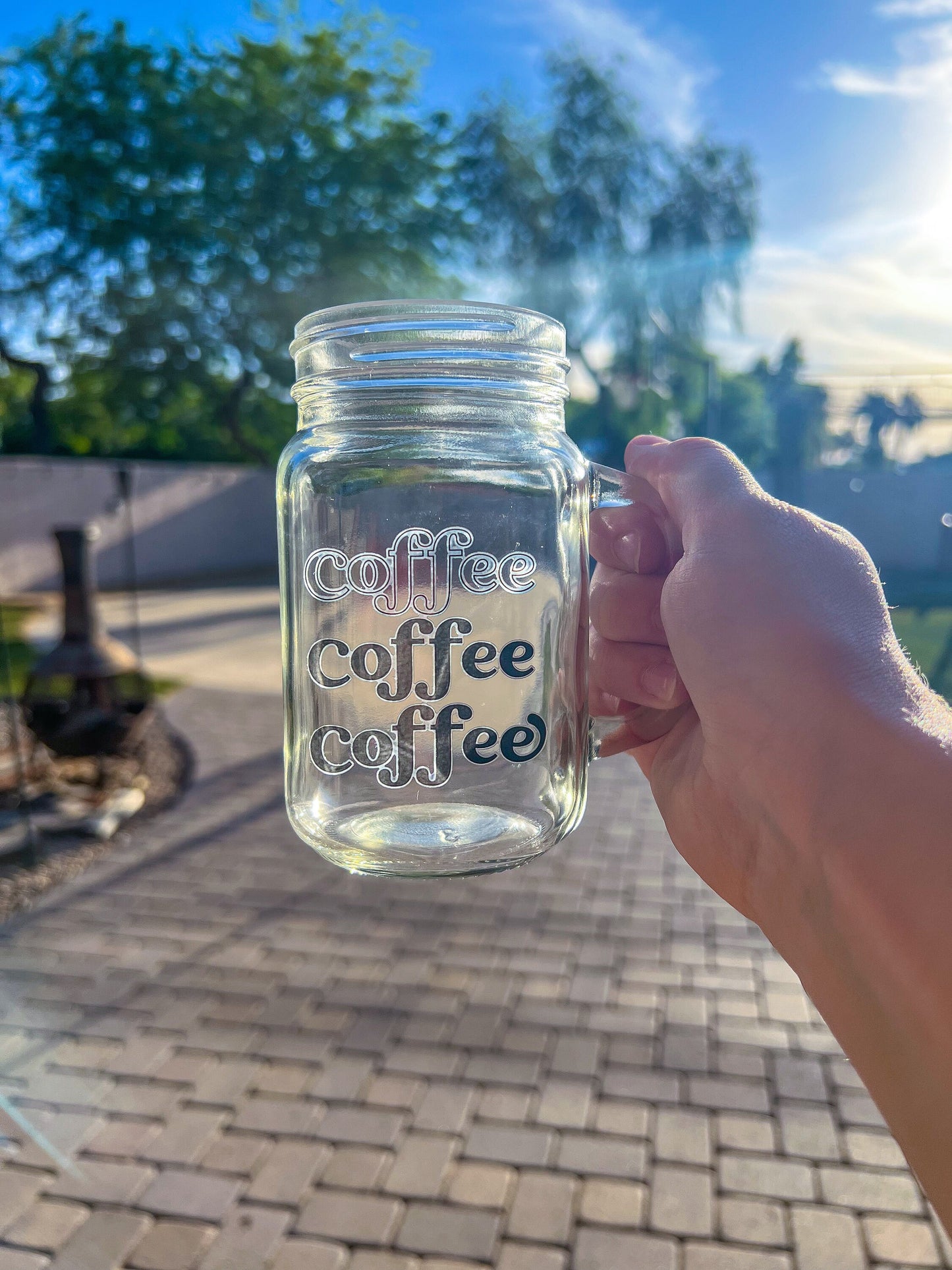 Coffee Coffee Coffee Decorated Glass Mason Jar w|Handle