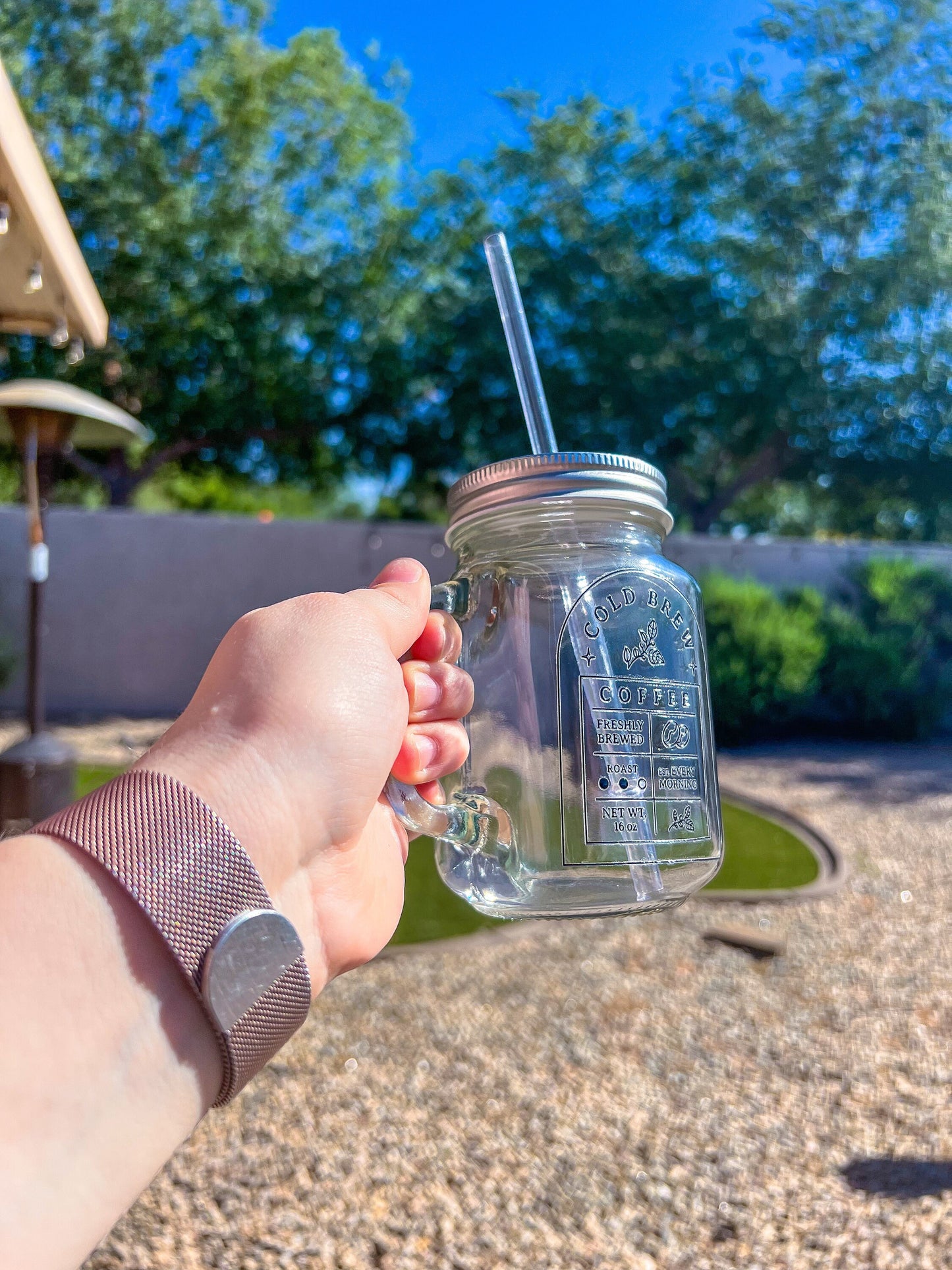 Cold Brew Clear Coffee Label Decorated Glass Mason Jar w|Handle