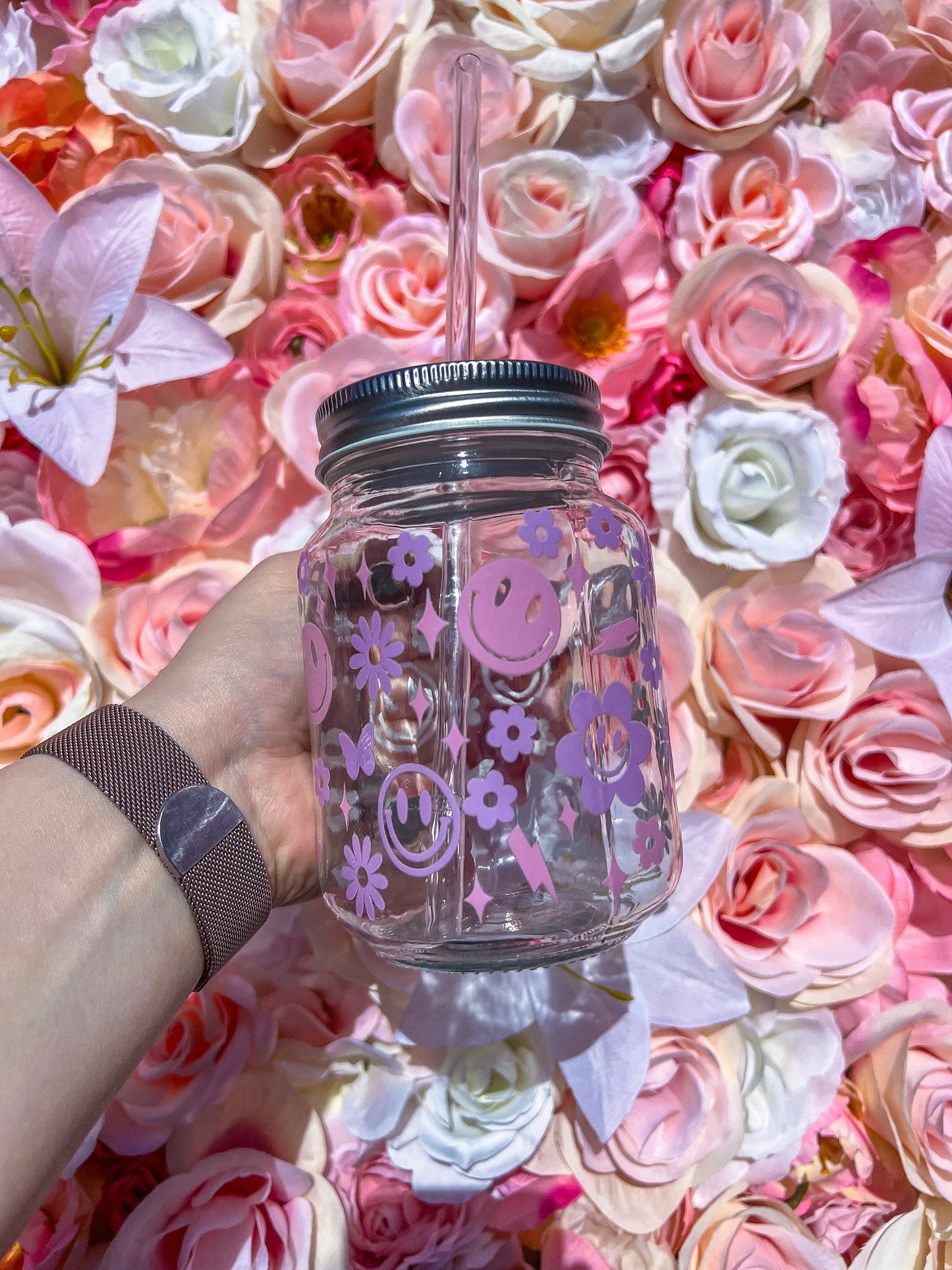 Pink & Purple Trendy Doodles Decorated Glass Mason Jar w|Handle