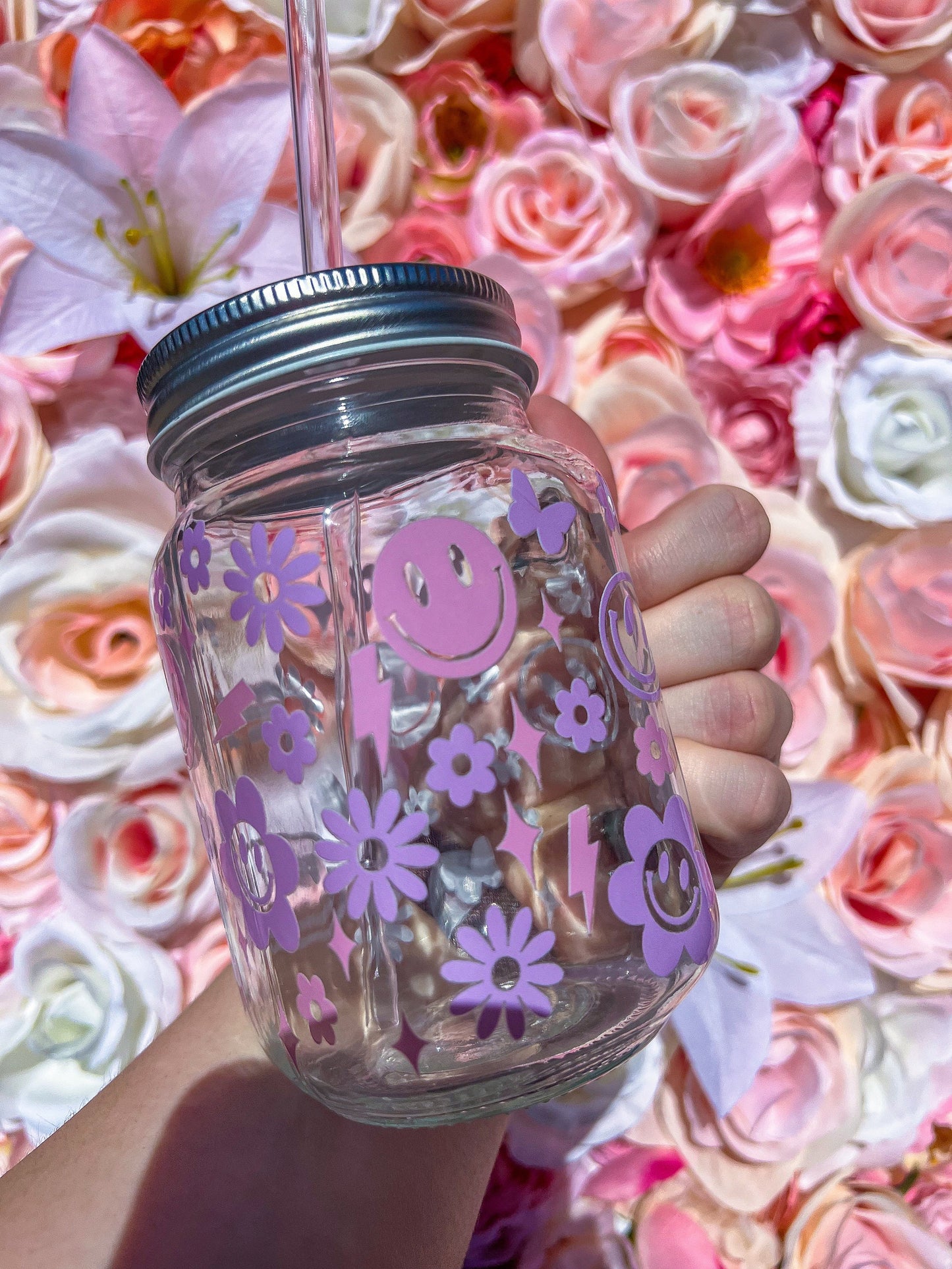 Pink & Purple Trendy Doodles Decorated Glass Mason Jar w|Handle