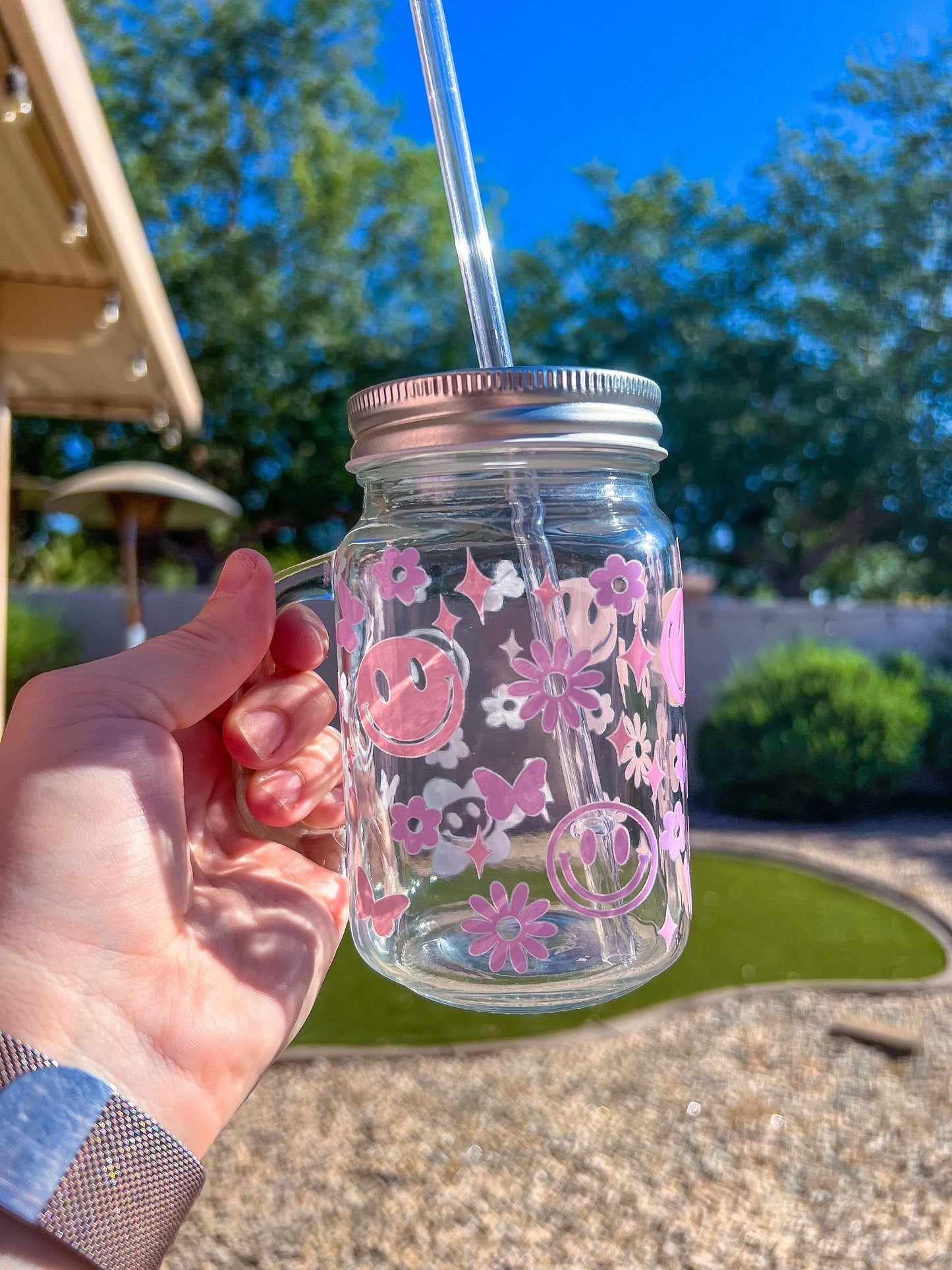 Pink & Purple Trendy Doodles Decorated Glass Mason Jar w|Handle