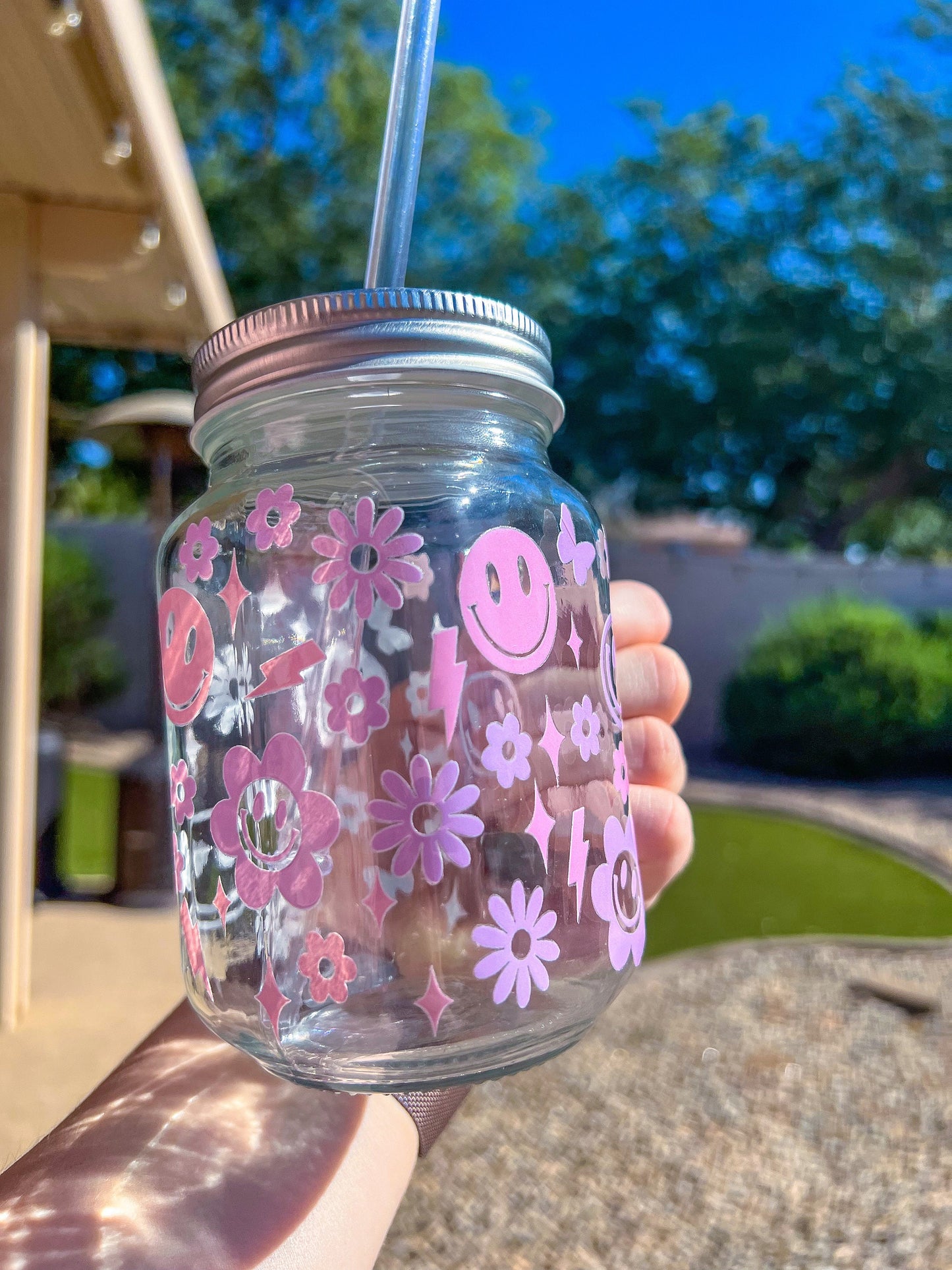 Pink & Purple Trendy Doodles Decorated Glass Mason Jar w|Handle