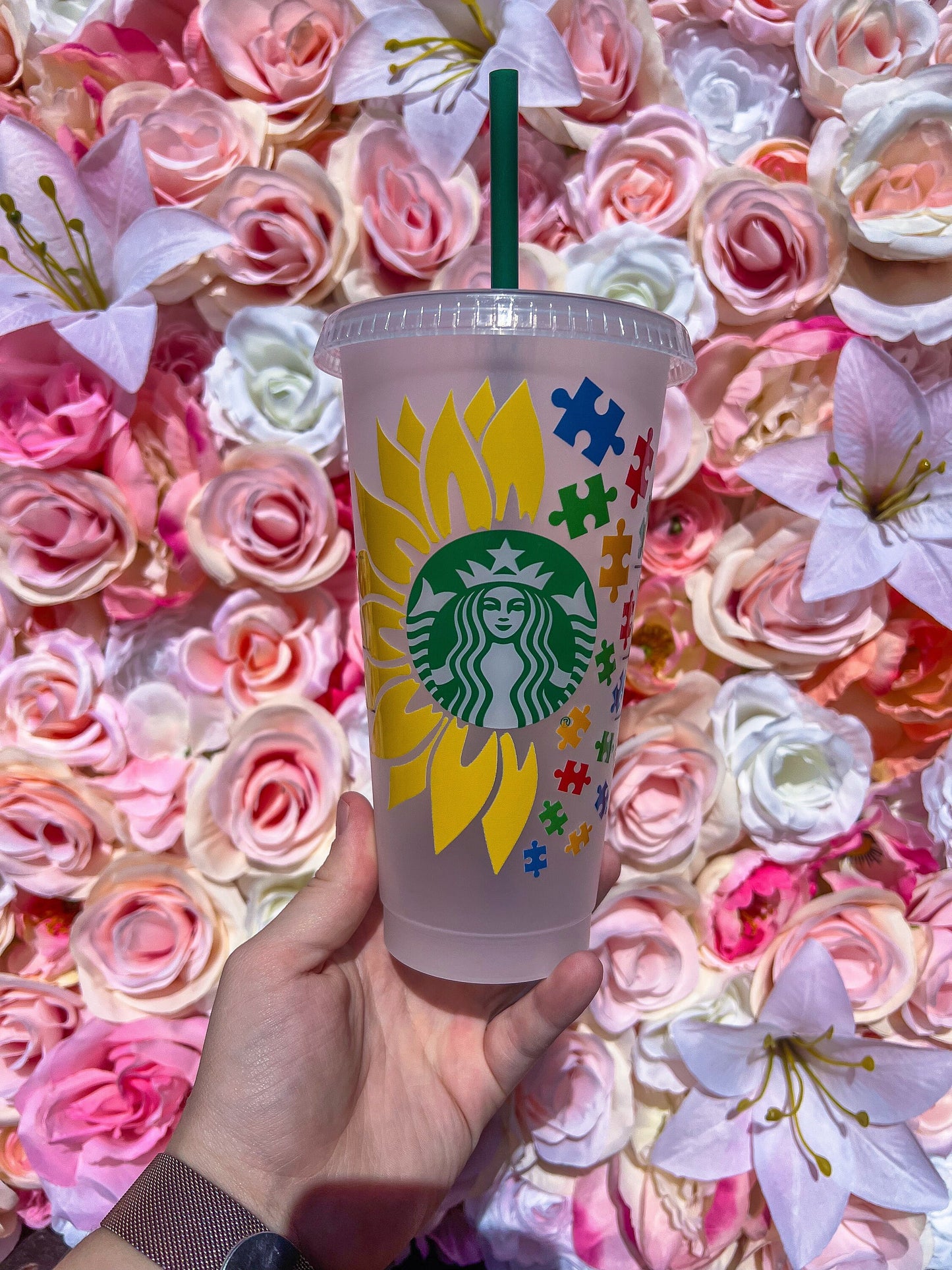 Sunflower Puzzle Pieces Decorated Cold Cup