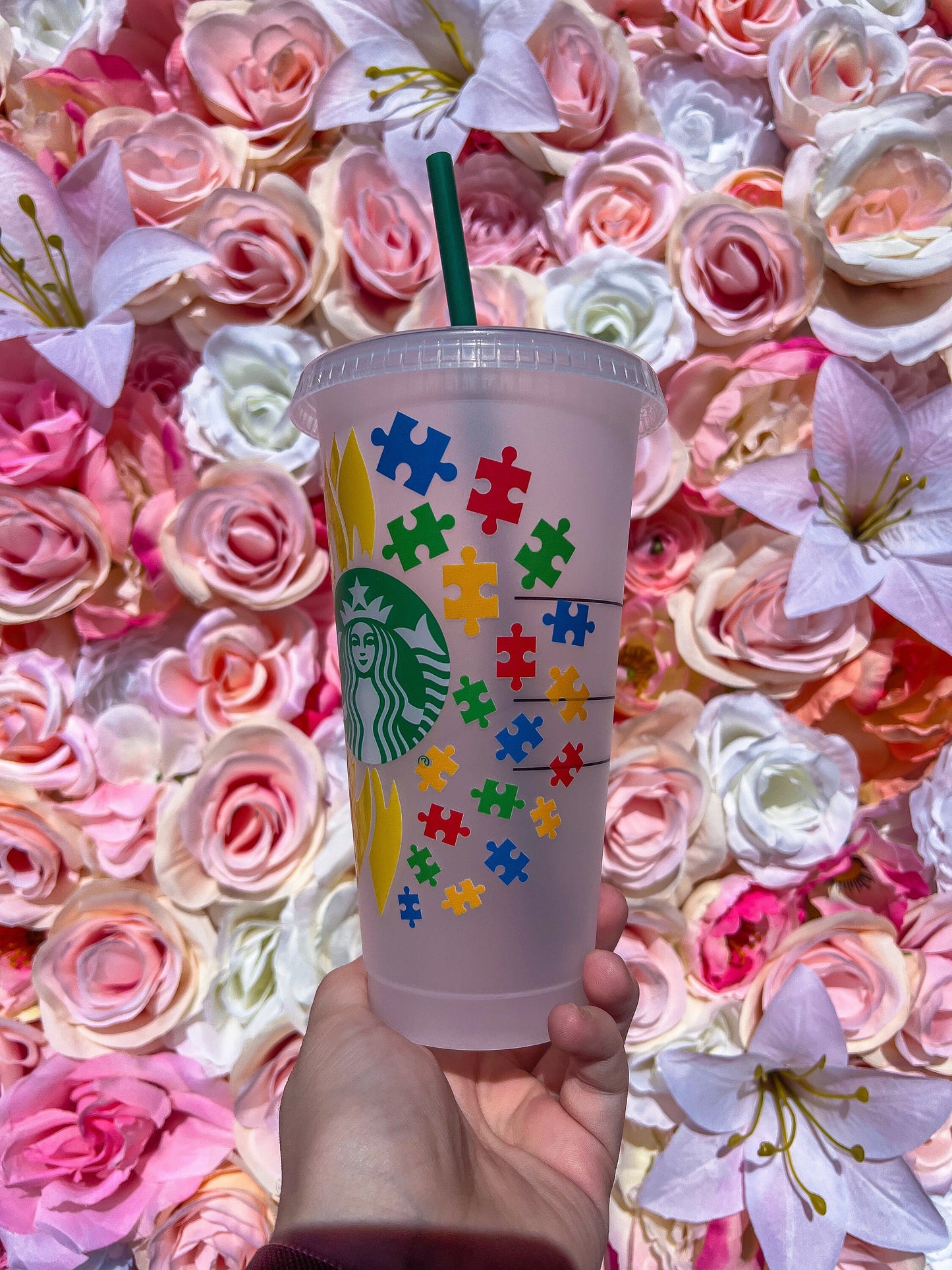 Sunflower Puzzle Pieces Decorated Cold Cup