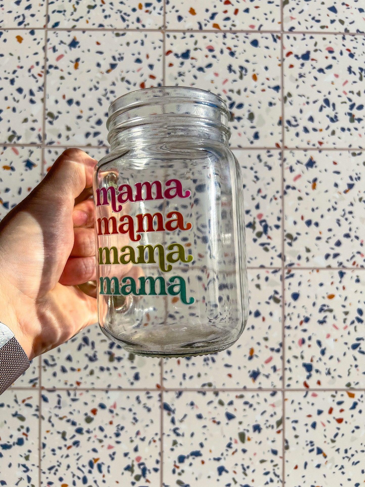 Mama Decorated Glass Mason Jar w|Handle