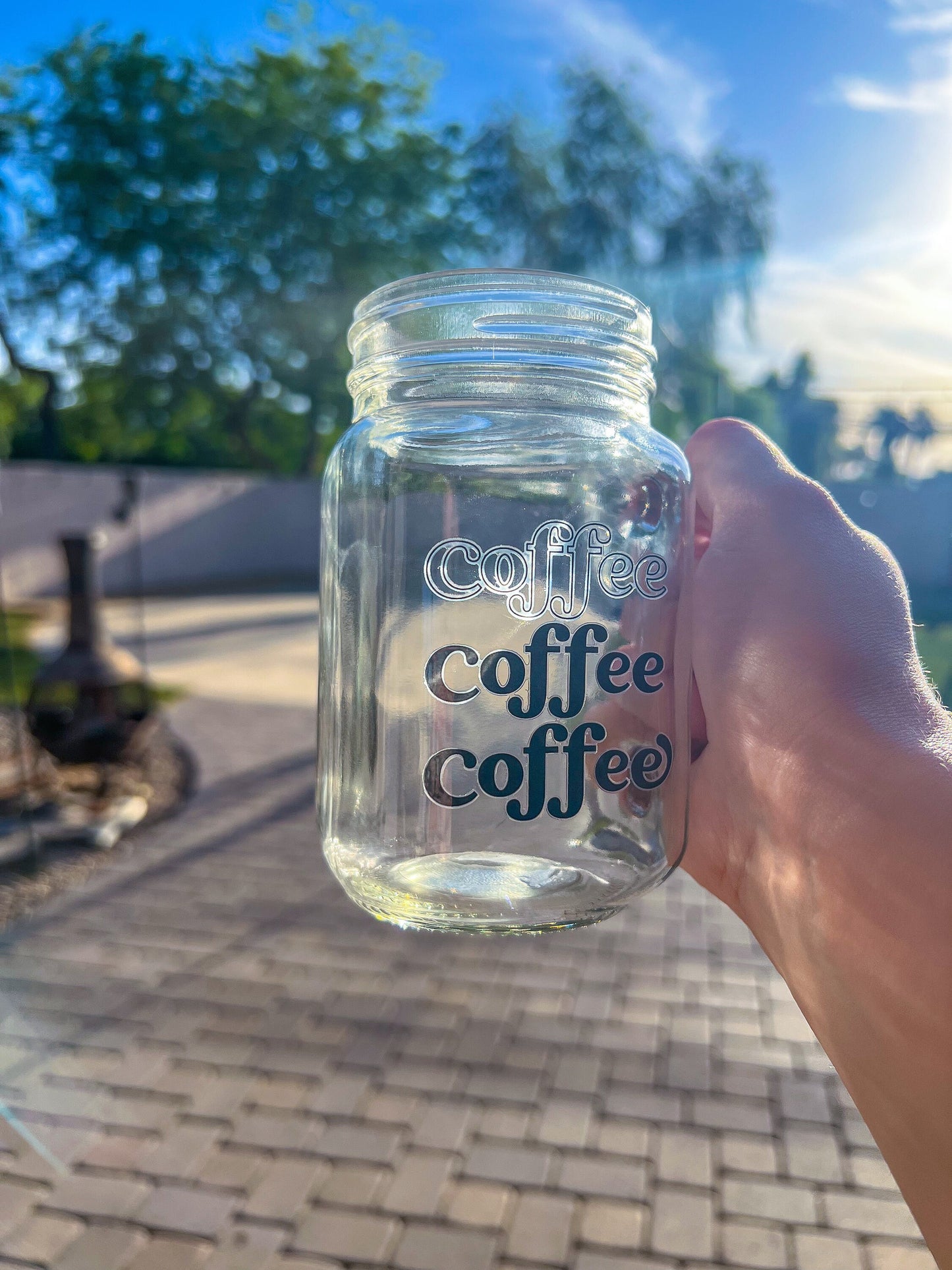 Coffee Coffee Coffee Decorated Glass Mason Jar w|Handle