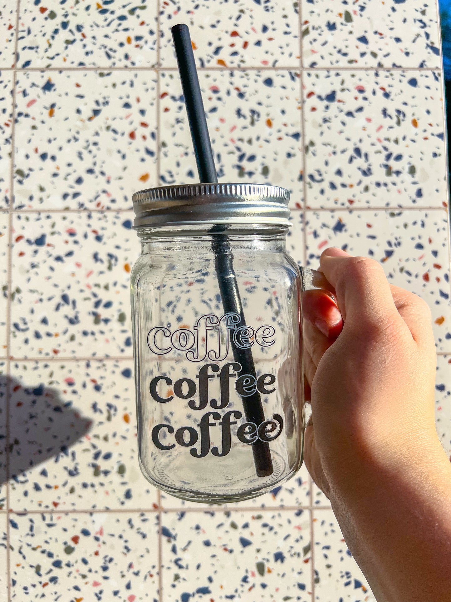 Coffee Coffee Coffee Decorated Glass Mason Jar w|Handle