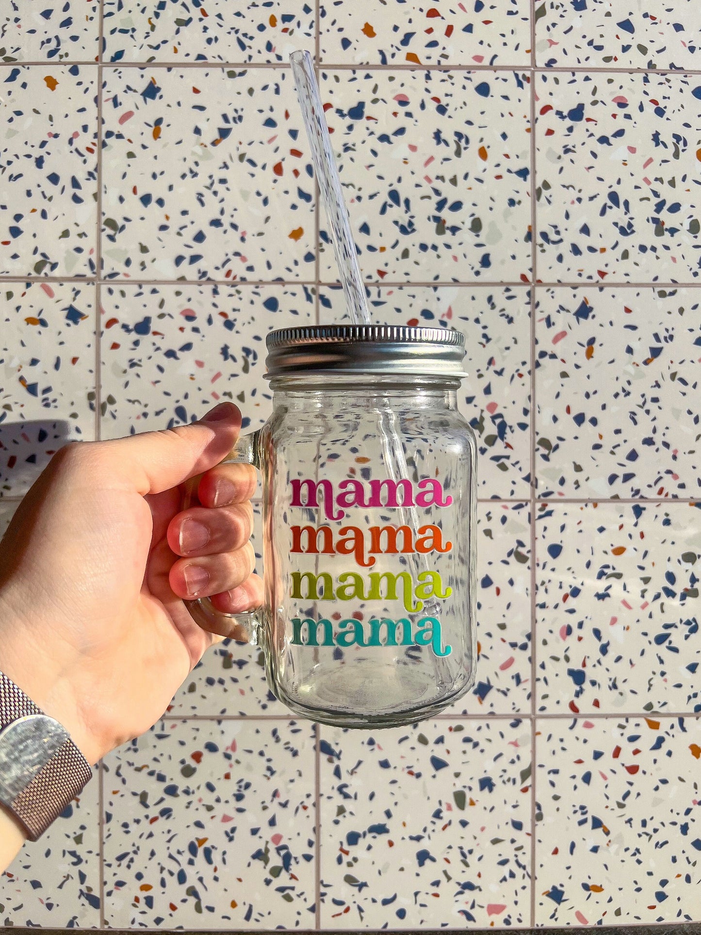 Mama Decorated Glass Mason Jar w|Handle