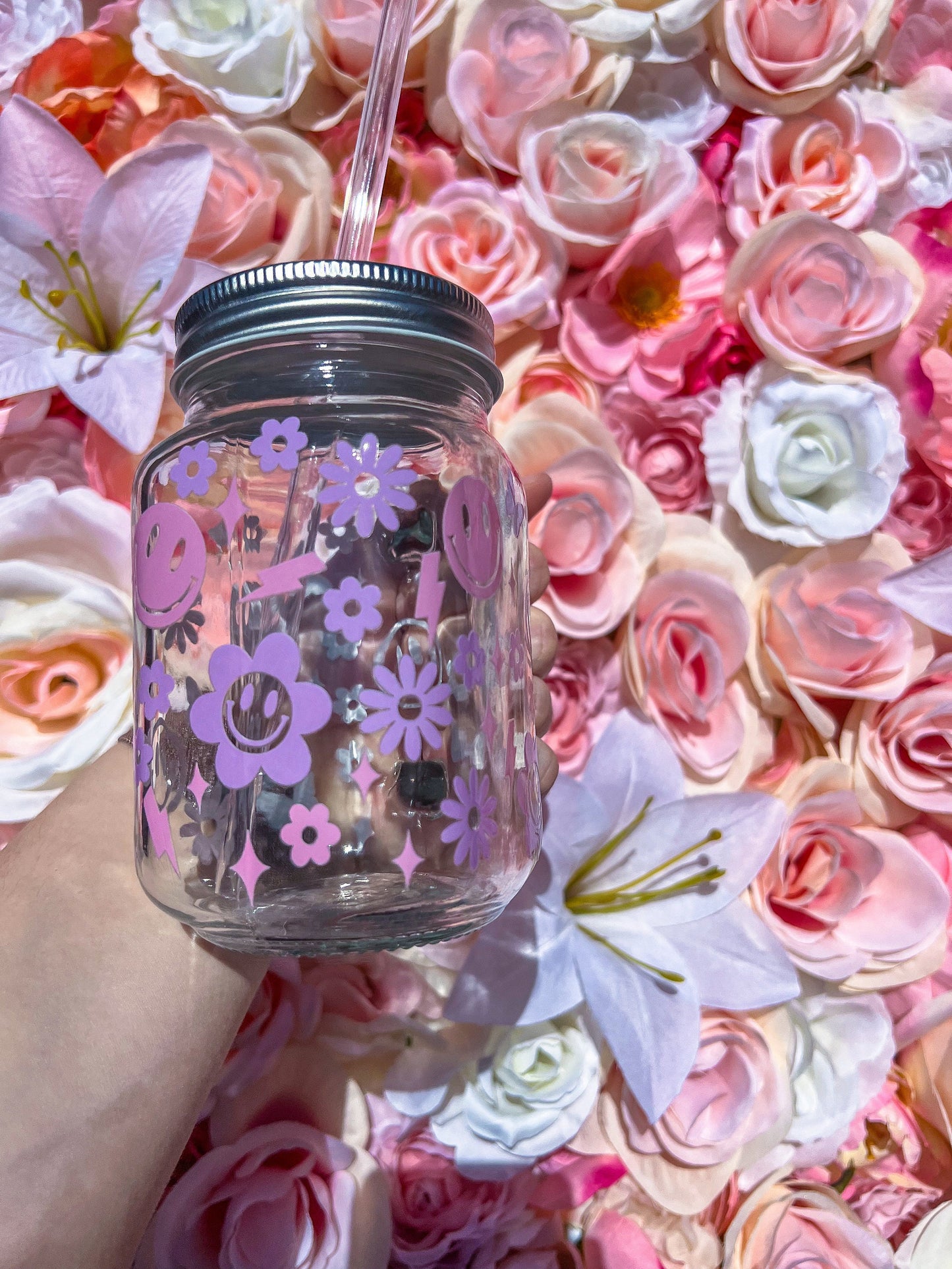 Pink & Purple Trendy Doodles Decorated Glass Mason Jar w|Handle