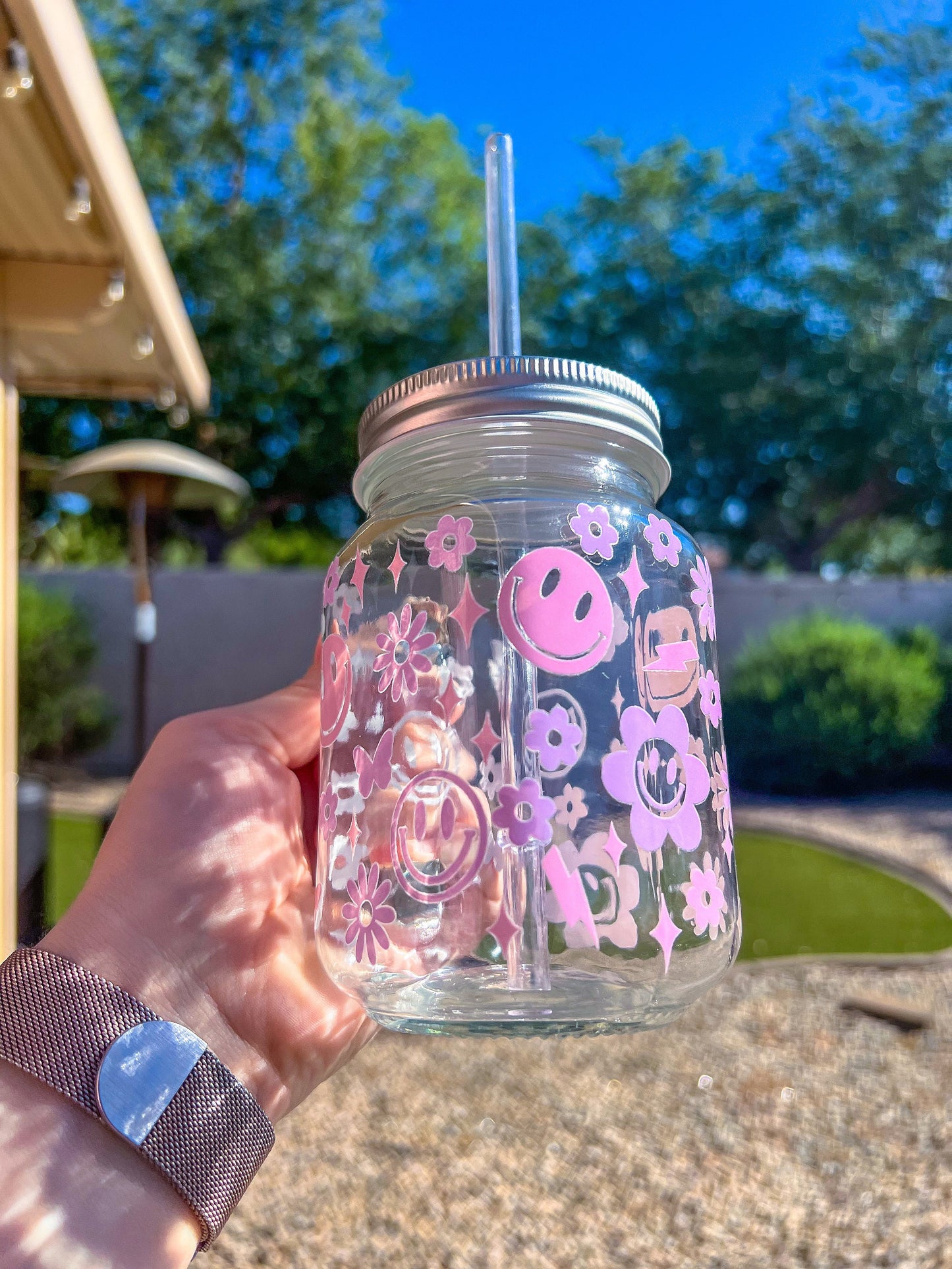 Pink & Purple Trendy Doodles Decorated Glass Mason Jar w|Handle