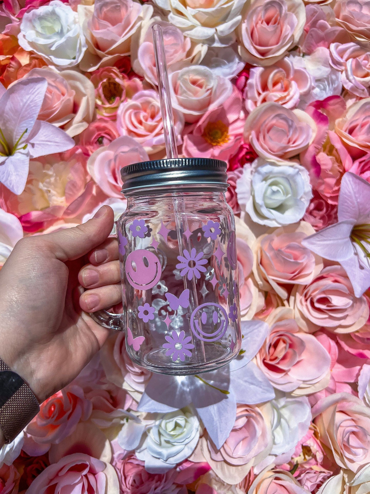 Pink & Purple Trendy Doodles Decorated Glass Mason Jar w|Handle